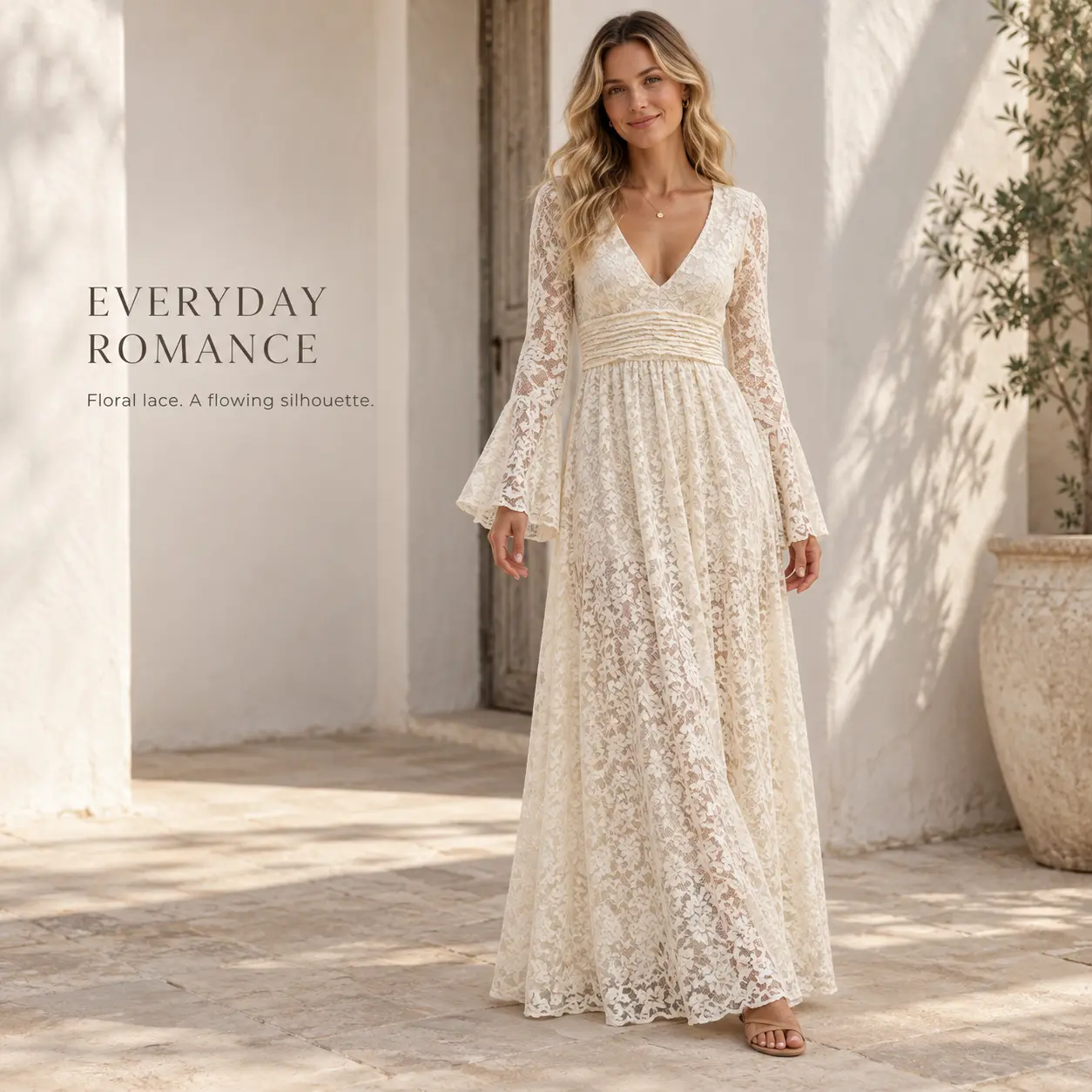Women's V Neck Lace Long Sleeve Dress, Elegant Summer Maxi Dress for Women, Boho Beach Vacation Dress, Lightweight Flowy Sun Protection Cover Up Dress, Casual Loose Fit Long Dress, Feminine Romantic Style Outfit for Travel, Holiday, Resort, Party and Ever