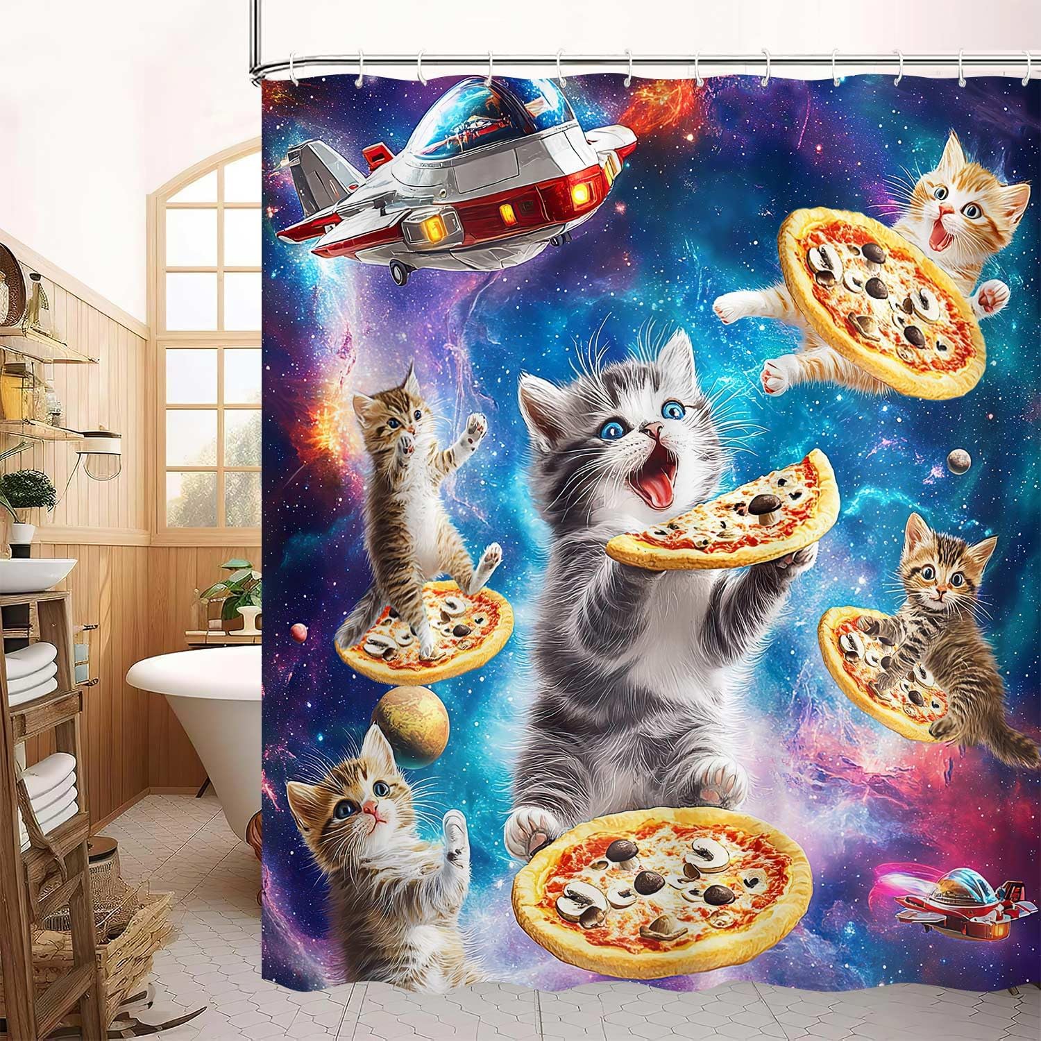 Funny Cat Knight Riding Shark in Space Battle Shower Curtain - Humorous Cat Laser Gun Galaxy Print, Waterproof Fabric Bath Curtain with 12 Hooks | Novelty Kids Bathroom Decor #showercurtain #catmeme #sharkdecor #spacecat #funnybathroom