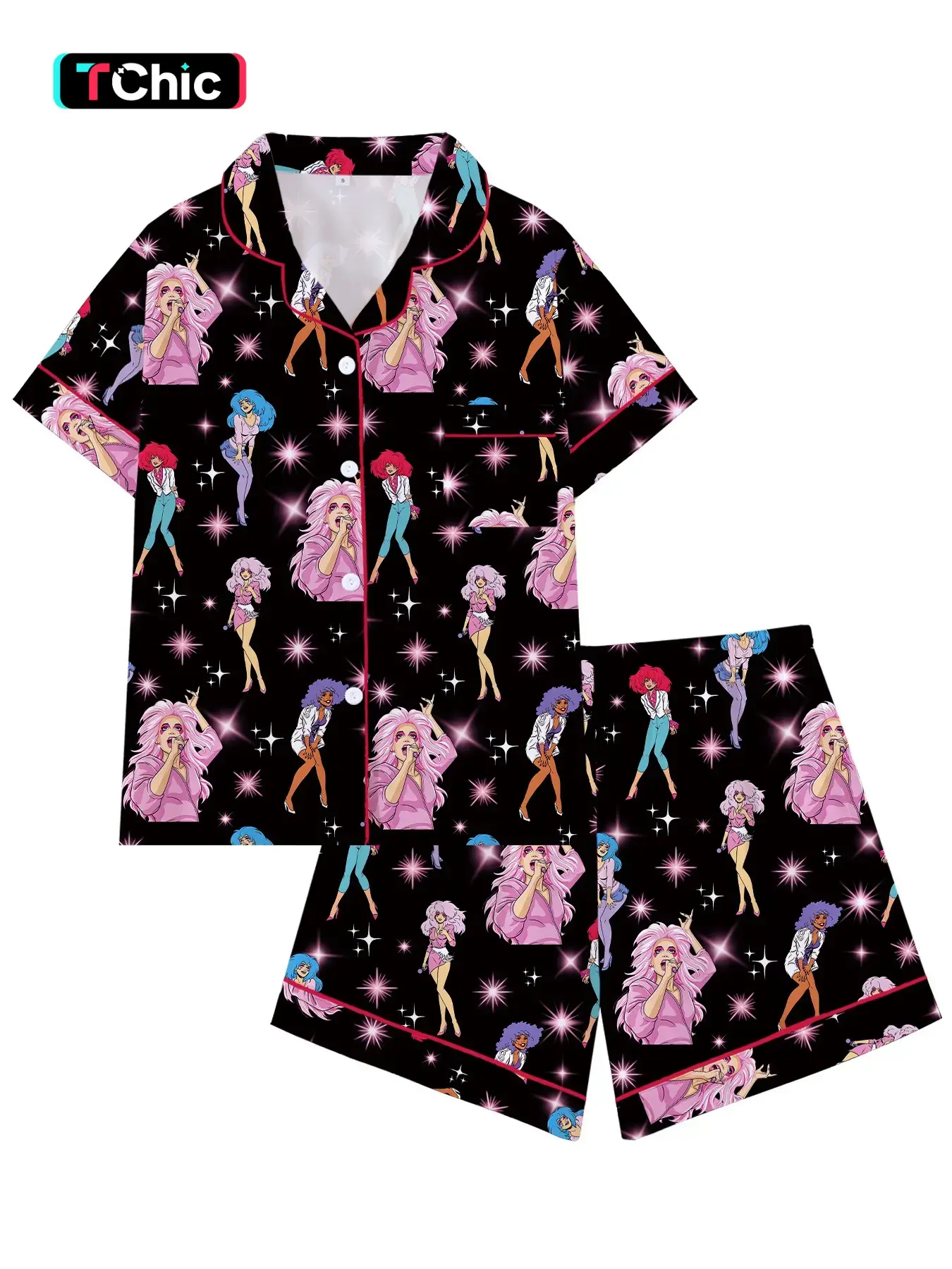 Nostalgic Cute Jem Cartoon Pajama Set, Short Sleeve Loose-Fitting Sleepwear, Comfortable for All Seasons, Perfect Gift for Relaxing