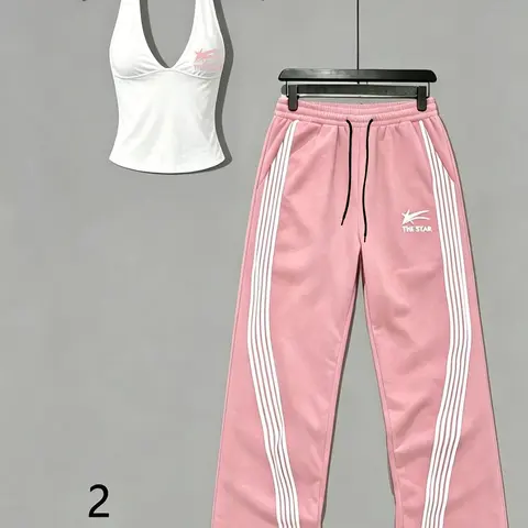 Women's 2-Piece Sporty Casual Set, Athleisure Fashion Apparel, Vintage Y2K Style, Deep V Backless Top, High Waist Wide Leg Pants, Perfect for Summer