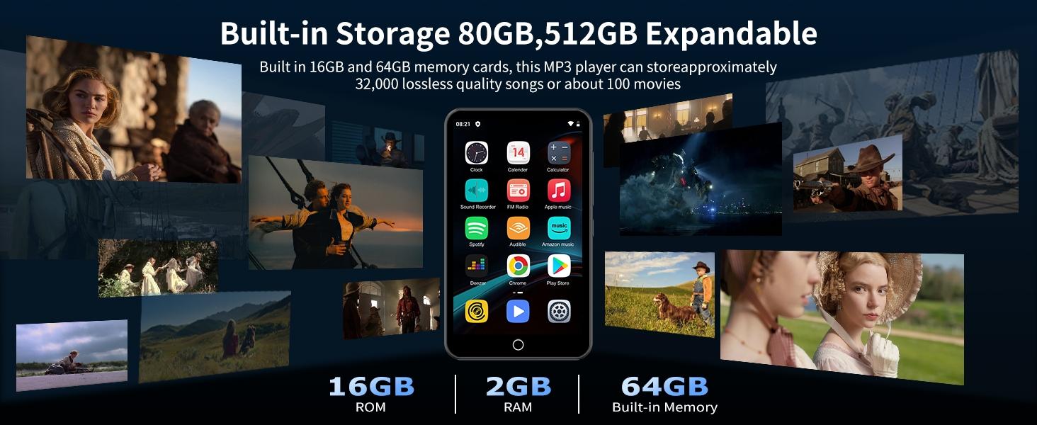 80gb Mp3 Player with Bluetooth-compatible and WiFi, Spotify, Apple Music, Deezer, Audible, 4-Inch Touch Screen Android, Speaker, Fm Radio