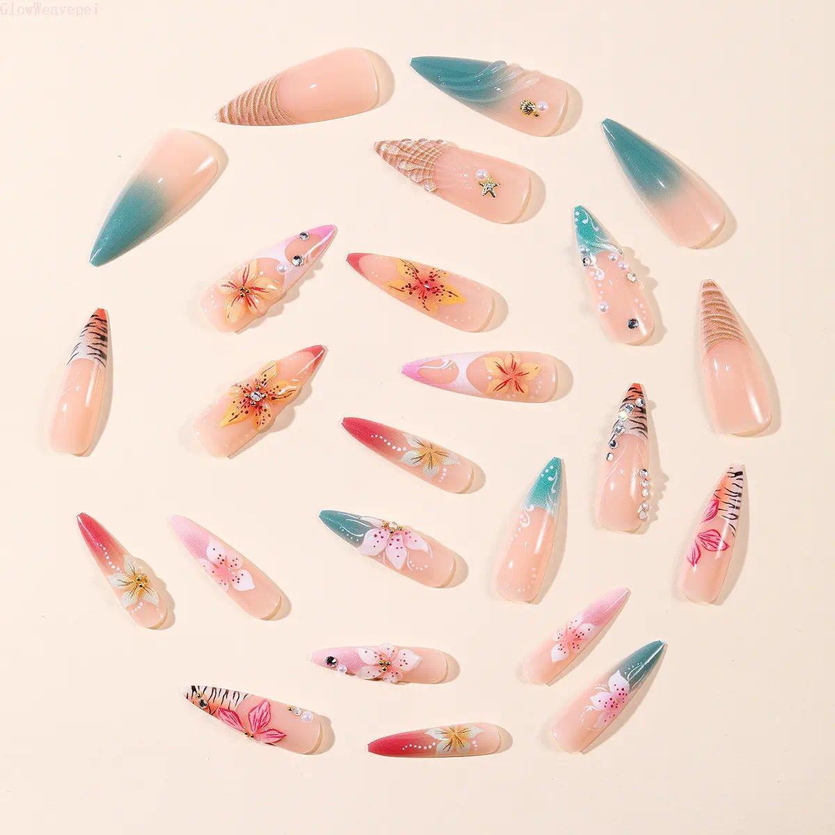 24Pcs Long Almond Press On Nails, 3D Embossed Flower & Tiger Pattern Fake Nails Decorated With Rhinestone & Pearl Ornaments, Trendy Y2K Gyaru Style Reusable Acrylic Nail Tips Ideal Glam Accessory For Party And Festival Makeup Matching