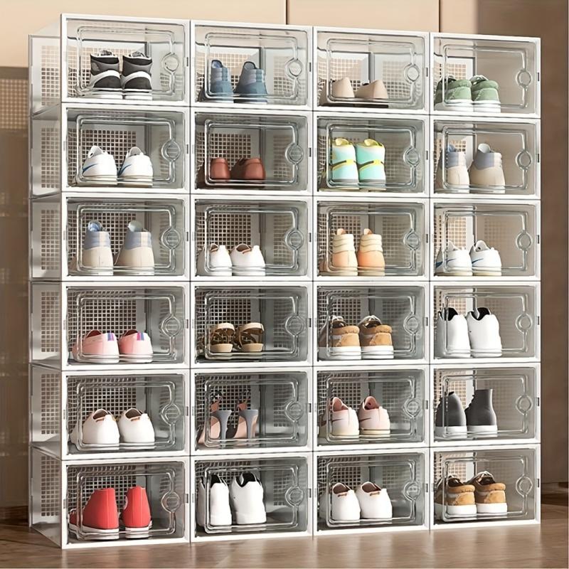 6-Pack thickened transparent shoe box (with lid), foldable stackable shoe rack, space-saving storage organizer, Clear shoe organizer, suitable for homes and dormitories