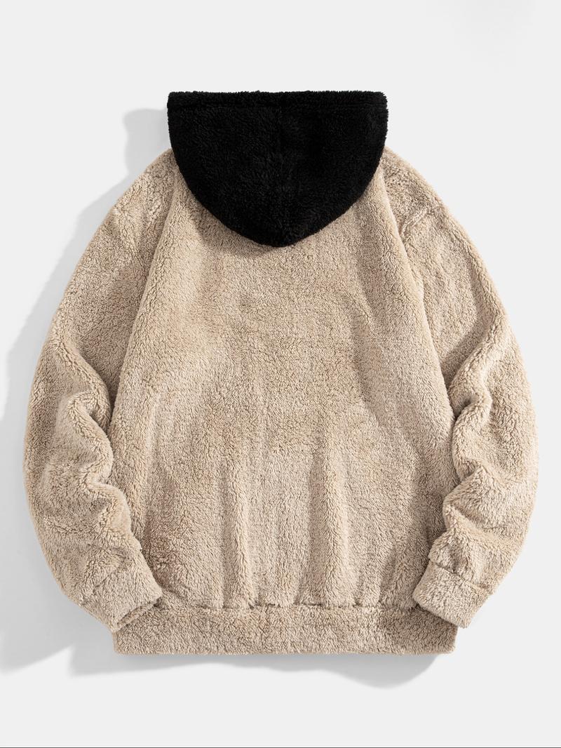 Men's Colorblock Fleece Hoodie Sweatshirt with Pockets, Cold Weather Warm Casual Sports Jacket, Men's Fashionable Pullover