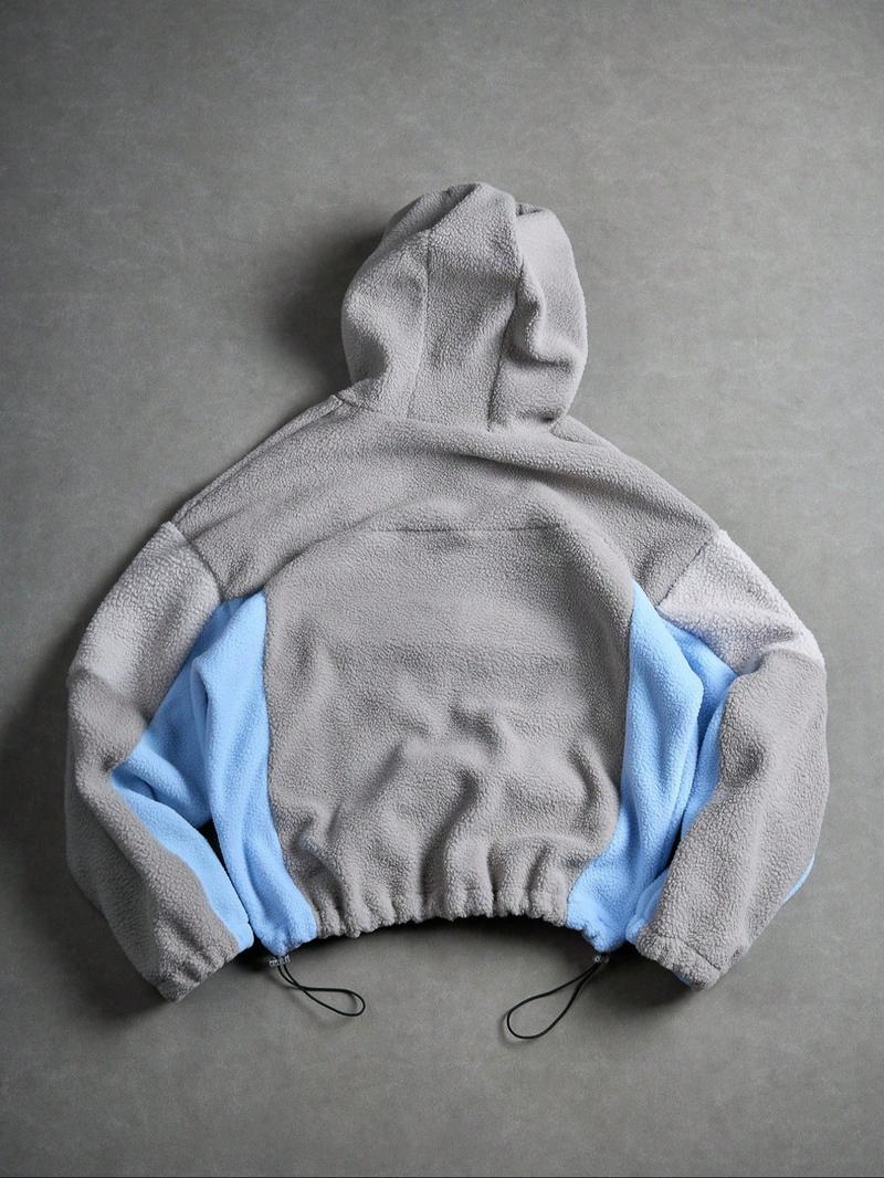 Men's Contrast Color Patchwork Zip Hoodie Jacket, Fall/winter Zipper Short Men's Hooded Sweatshirt, Shark Style Hooded Outerwear