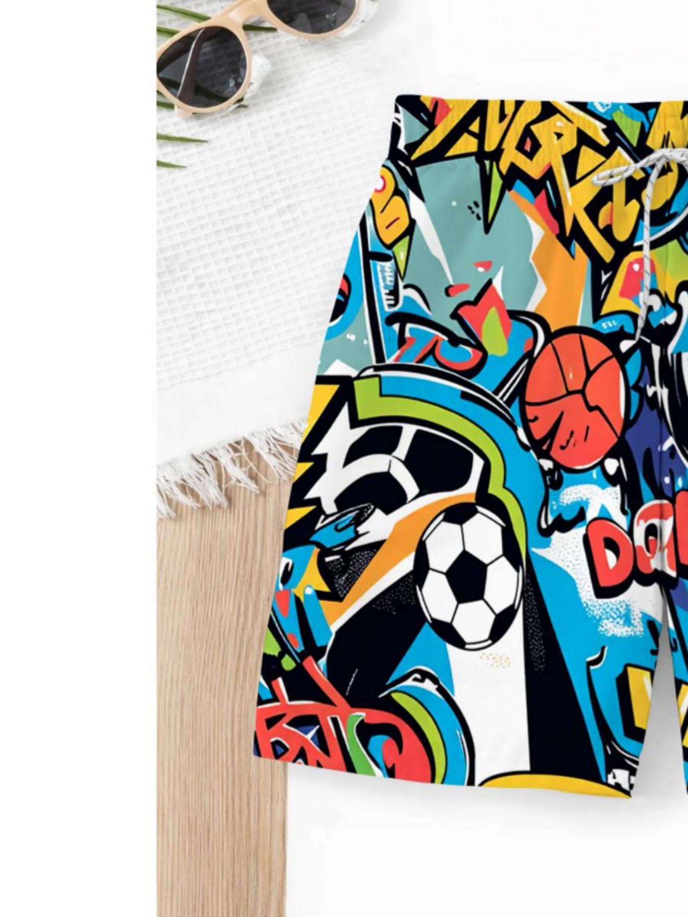 Boys' Quick-Dry 3D Soccer Print Beach Pants, Breathable Elastic Waist with Drawstring, Lightweight Swimsuit for Summer Pool, Beach, Outdoor Activities