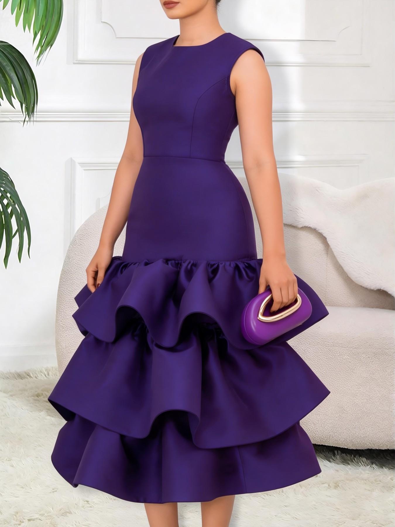 Women's Fashion Sleeveless Bodycon Dress, Elegant Round Neck Three-Layer Ruffle Fish Tail Party Gown, Stylish Evening Wear