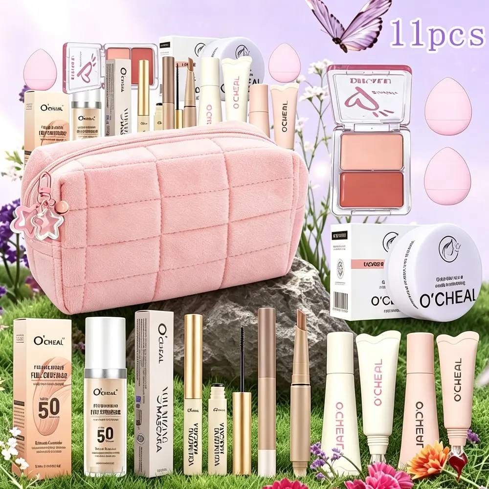 Full Face Makeup Kit for Beginners, 11 Pcs Pink Beauty Set with Foundation, Lip Oil, Blush & Plush Cosmetic Bag, All-in-One Value Gift Set