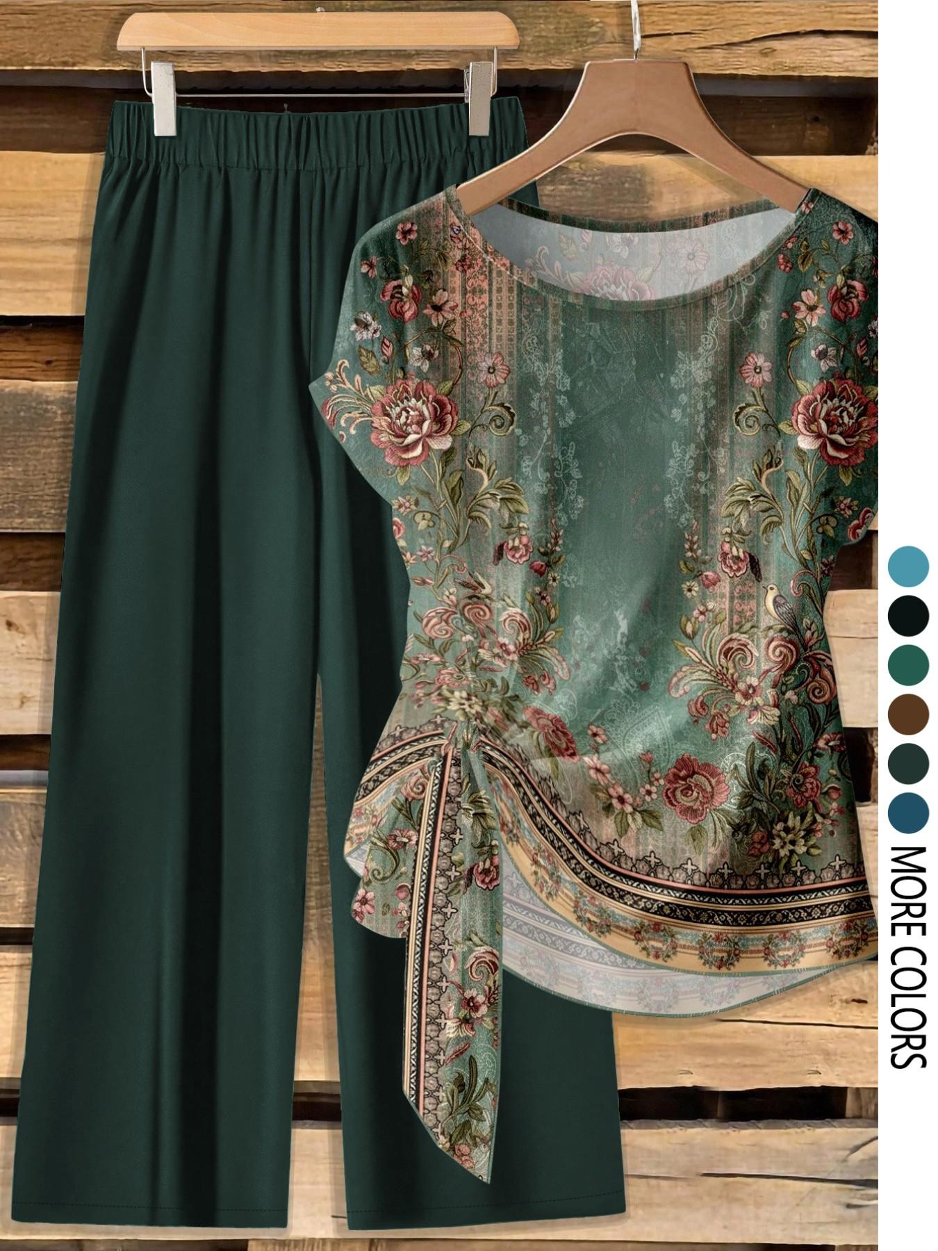 Women's Casual Printed Necktie Shirt and Loose Straight Pants Set, Womenswear, Perfect for Spring and Summer, Comfortable Two-Piece Women's Casual Printed Necktie Shirt and Loose Straight Pants Set, Womenswear, Perfect for Spring and Summer, Comfortable Two-Piece