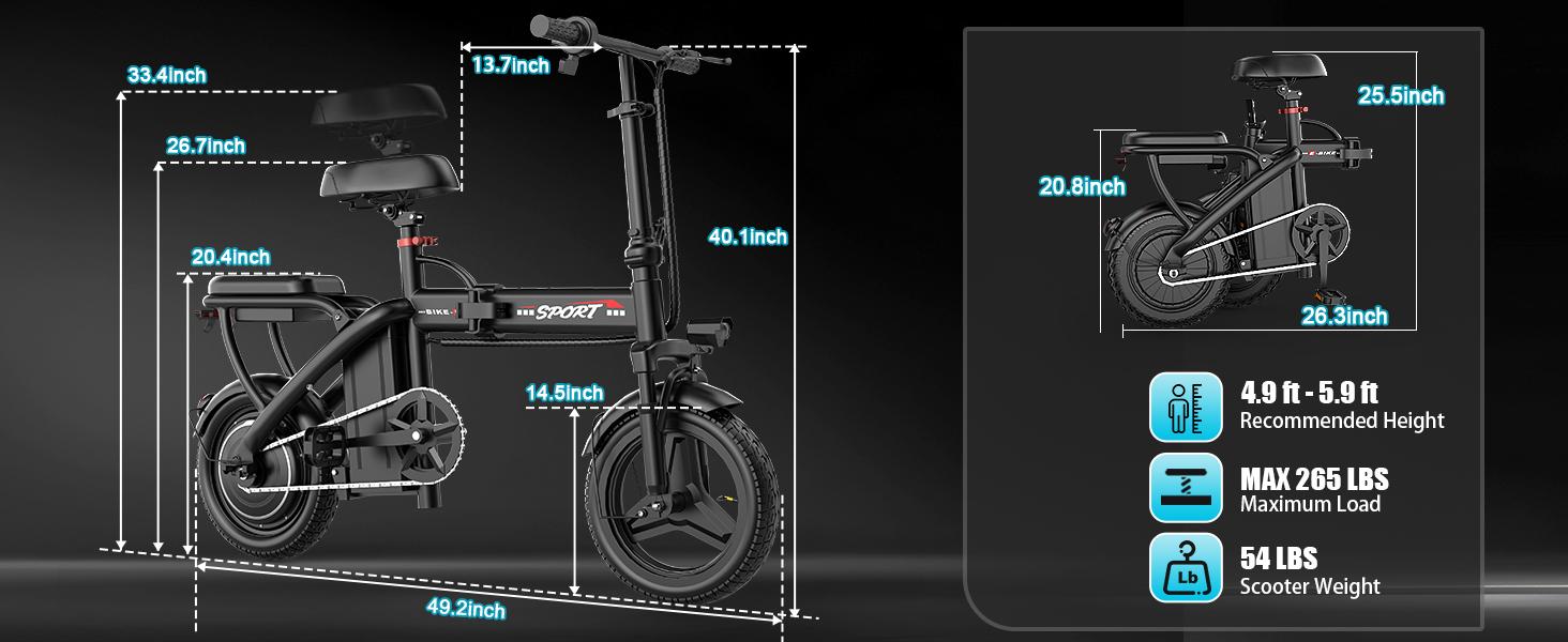 Pikabike Z6 Foldable Electric Bike, 1200W Peak Power, 25MPH Max Speed, 14" Pneumatic Tires, 22-40 Mi Range, Rear Disc Brake, Dual Seats