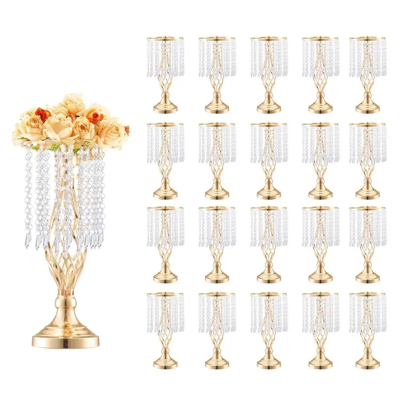 20PCS 43cm/16.9" Tall Crystal Wedding Flower Stand,  Metal Wedding Centerpiece Vase, Gold Flower Holders Floral Display Rack for Tables Wedding Dinner Party, Ceremony Birthday Event Decor