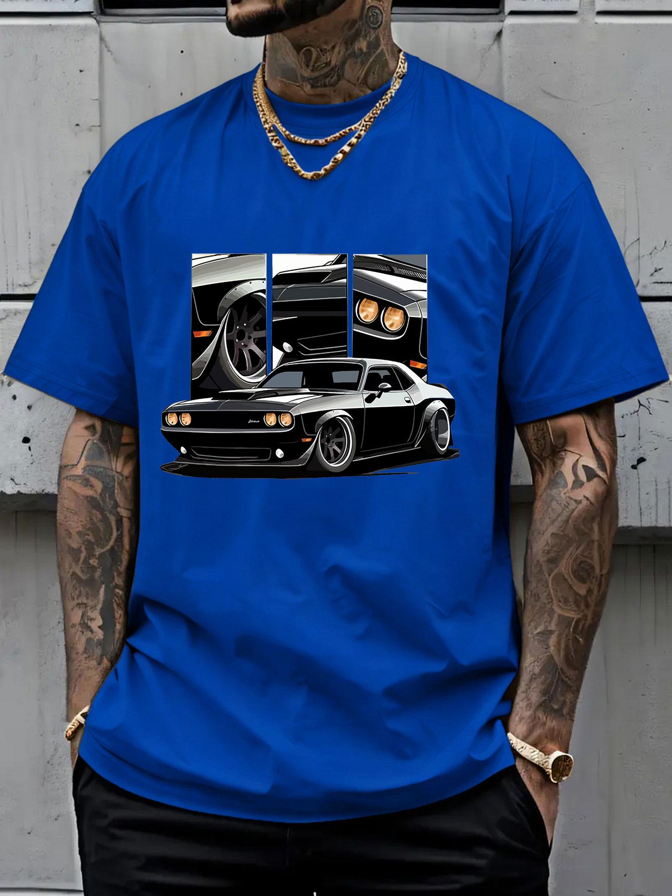 Men's Round Neck Short Sleeve T-Shirt, Summer Vintage Dodge Challenger Muscle Car Print, American Streetwear Loose Fit Top