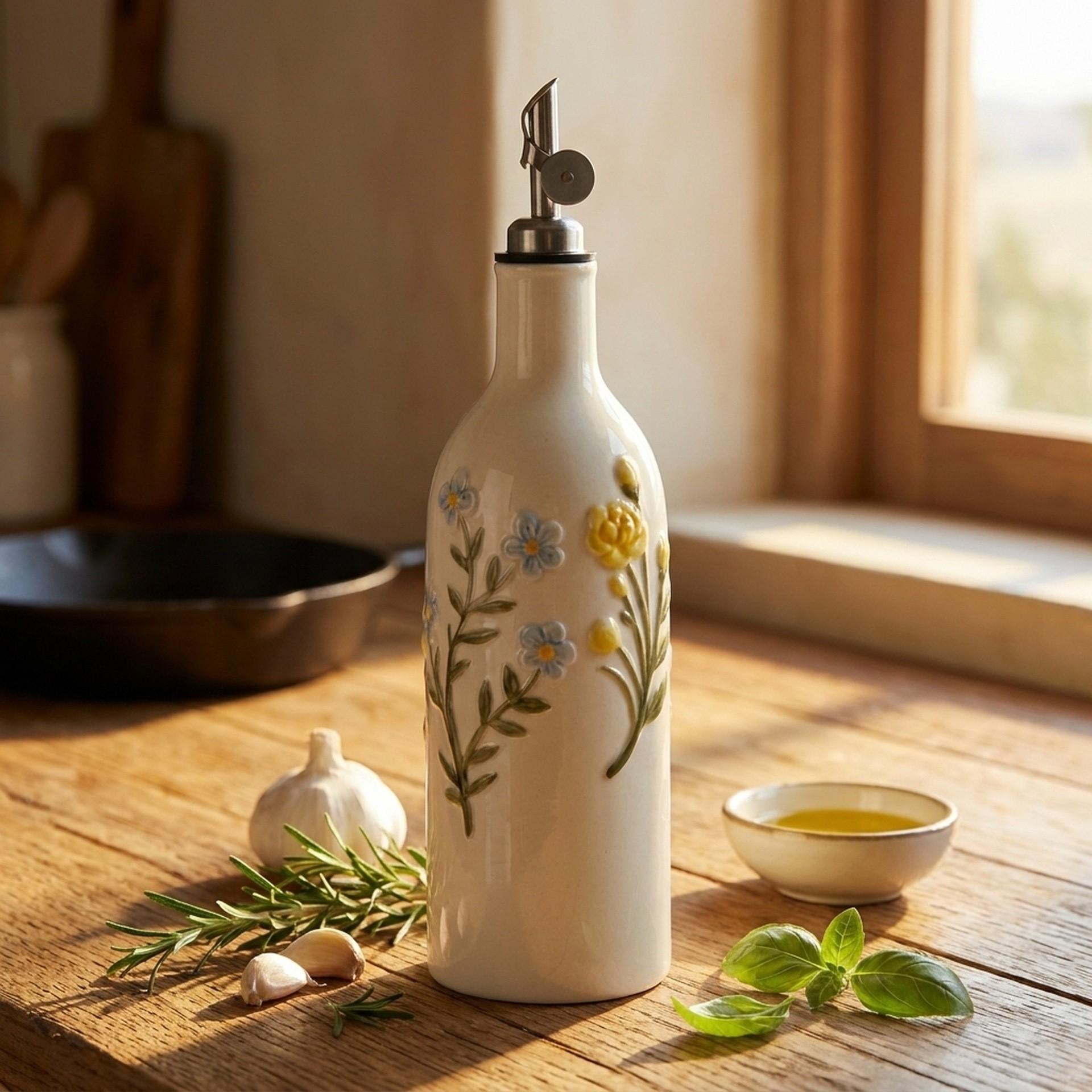 Rustic Wildflower Ceramic Oil Bottle, Automatic Flip Lid, Adjustable Spout, Ideal for Salad Dressing & Daily Cooking