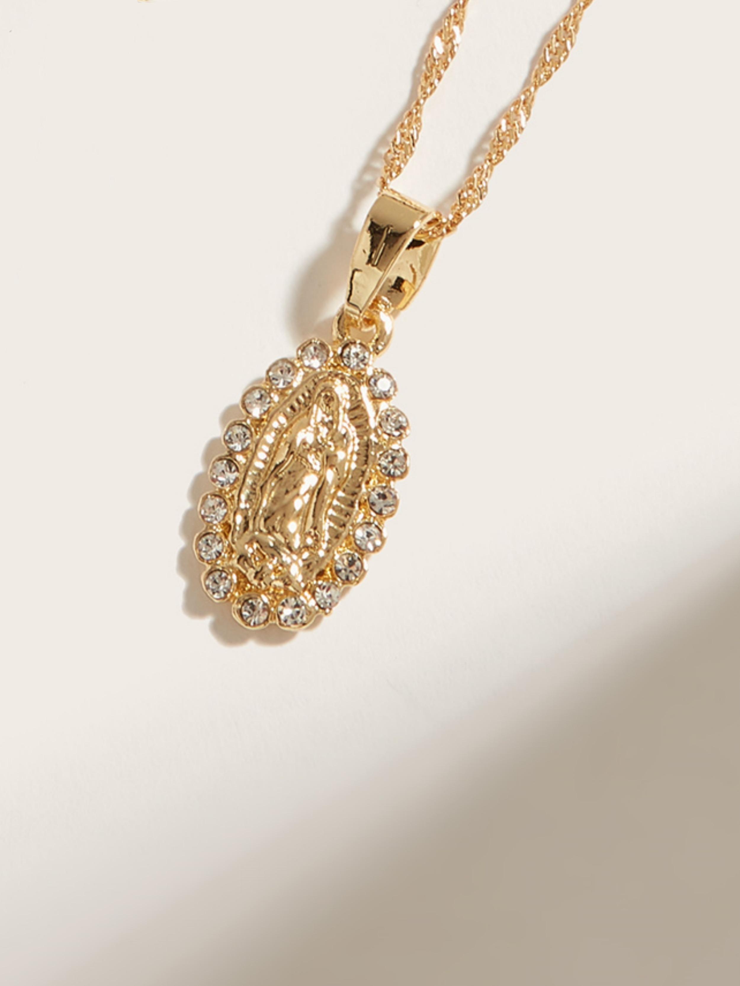 1pc Women's 14K Virgin Mary Mama Our Lady Guadalupe Pendant Necklace, 1.2mm Wave Chain, Unisex Jewelry, 18 Inch, Perfect Religious Gift