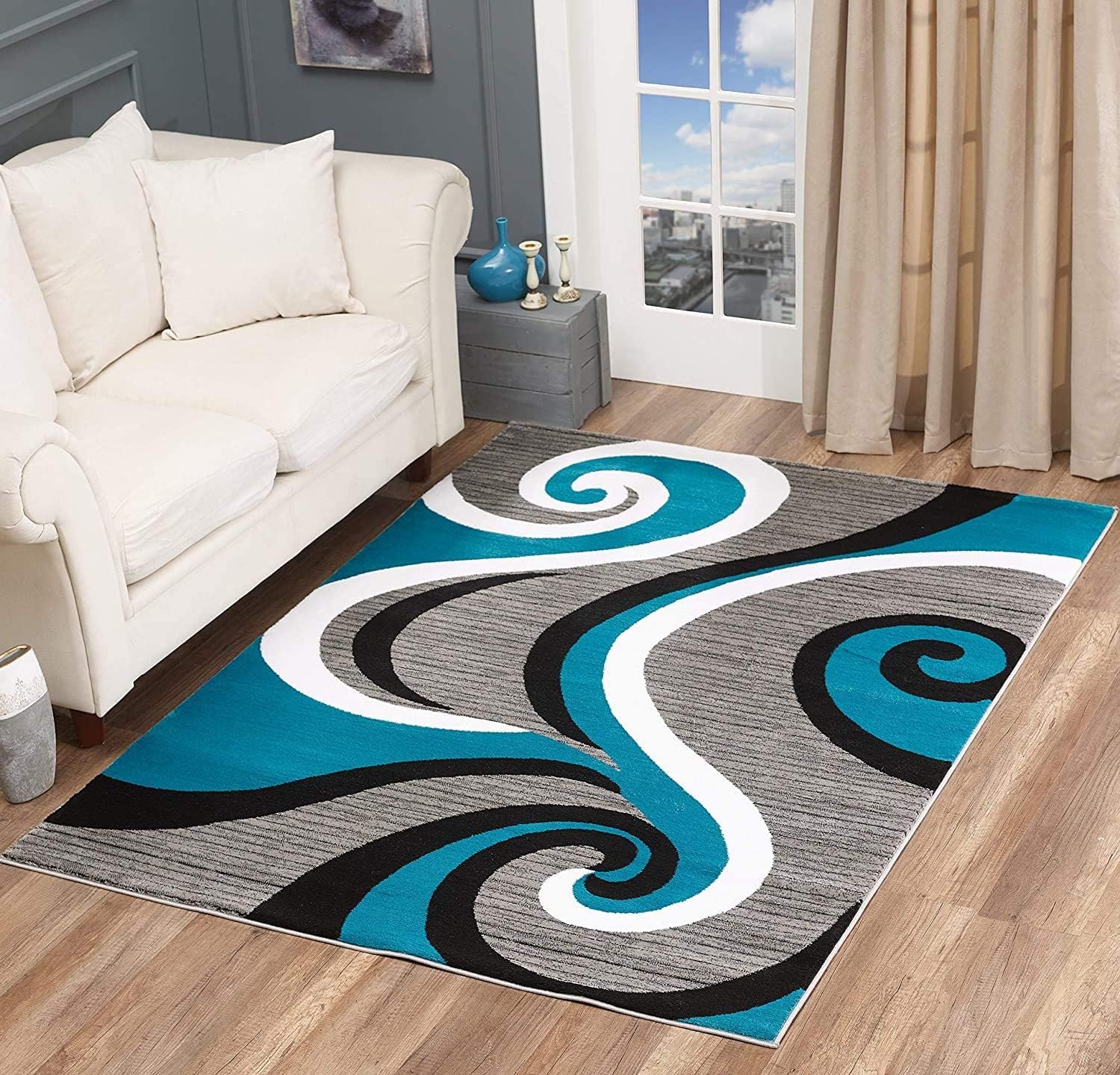 Modern Abstract Swirl Wave Geometric Flannel Area Rug - Teal Grey Black White Contemporary Print Soft Mat for Living Room, Non-Slip Minimalist Home Decor#AbstractSwirlRug #GeometricContemporaryMat #MinimalistHomeDecor #TealGreyCarpet #NonSlipFlannelRug