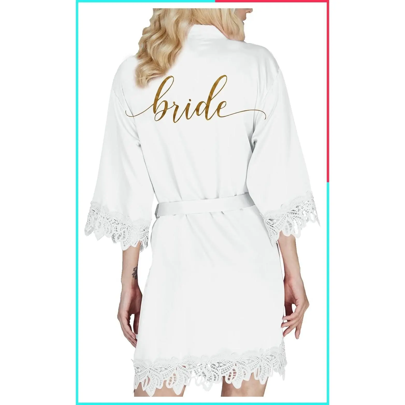 Women's Satin Silk Lace Kimono Bridal Robe, Wedding Morning Dressing Gown for Bride and Bridesmaids