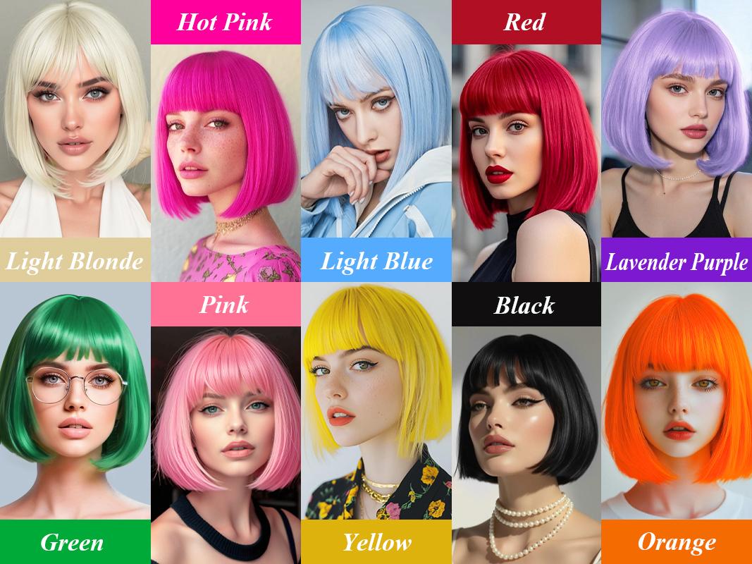 Fxmongyi Short Bob Wig with Bangs 10inch Bob Wig with Realistic Middle Part Synthetic Colorful Cosplay Daily Party Wig for Women