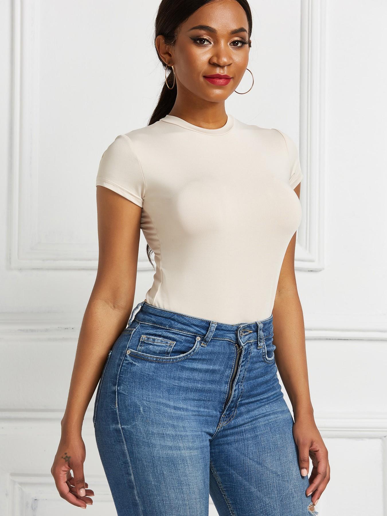 Women's Irregularly Connected One-Piece Dress, Sexy Solid-Color Bodysuit, Underwear, Tummy Control, Short Sleeves, Scoop Neck, All Seasons