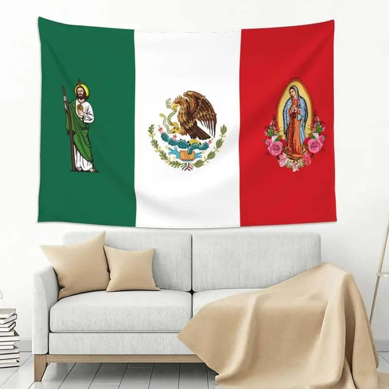 Mexican Ornament Tapestry with San Judas Tadeo & Virgen de Guadalupe, Durable Decorative Cotton-Linen Wall Tapestries, Traditional Mexican Wall Art for Living Room, Home Decor Supplies & Decoration Items