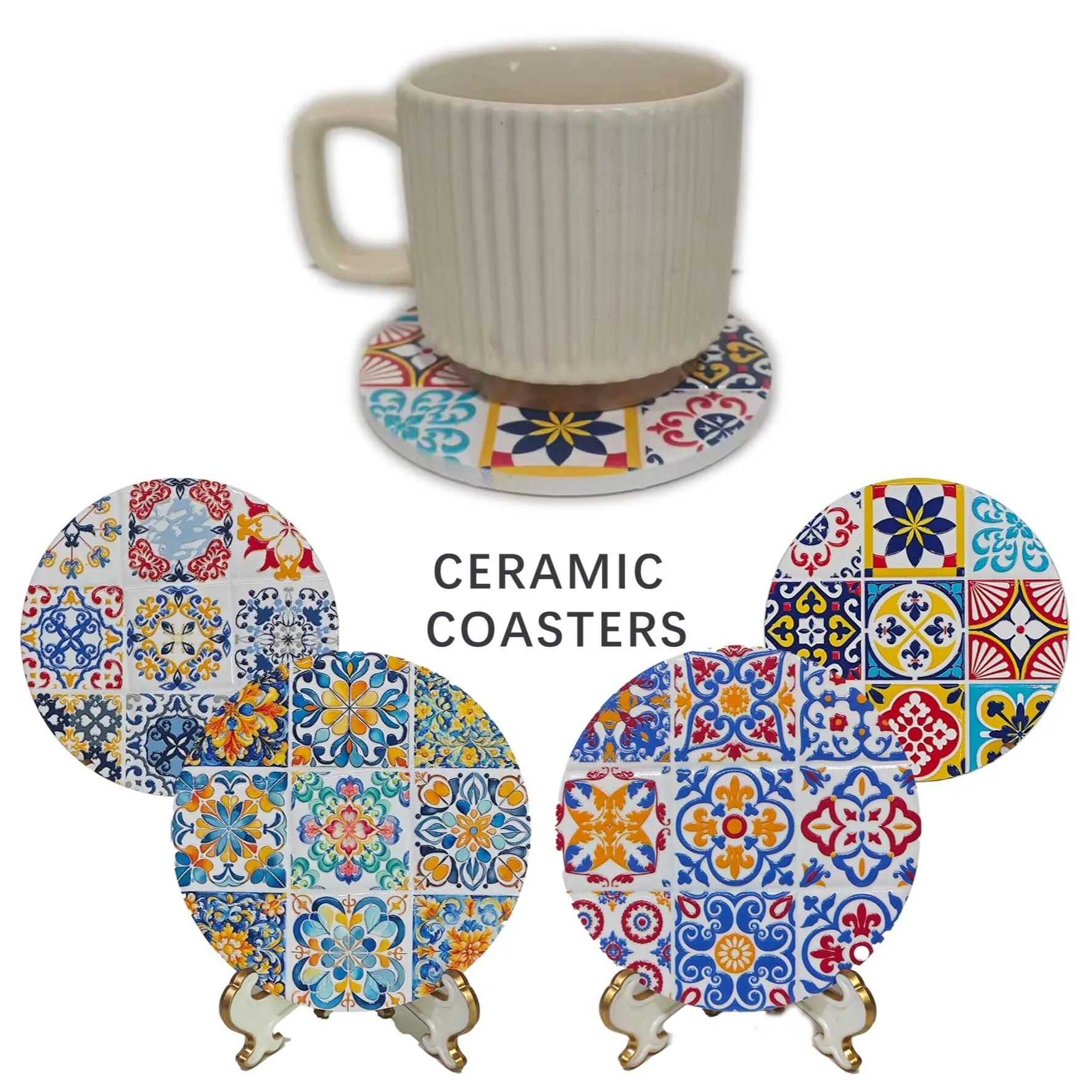 4 Pcs Embossed Floral Tile Theme Round Ceramic Coaster, Heat Resistant Coffee and Tea Cup Mat, Multi-Grid Floral Design, Modern Style, Coasters for drinks