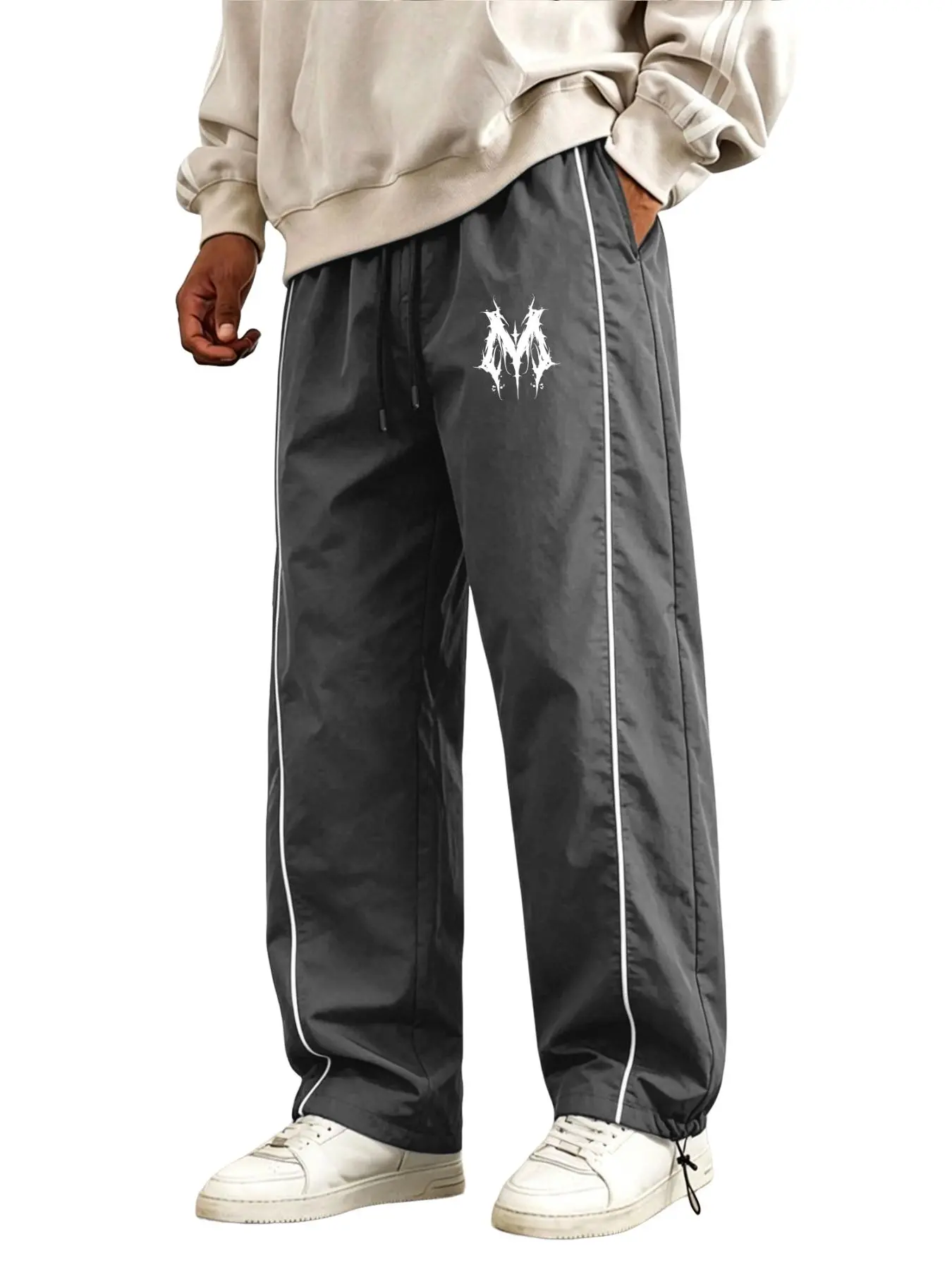 Men's Fashion Side Stripe Patchwork Pants, Unique Letter Print, Adjustable Waist Drawstring, Perfect for Daily Casual Wear, Back-To-School Season