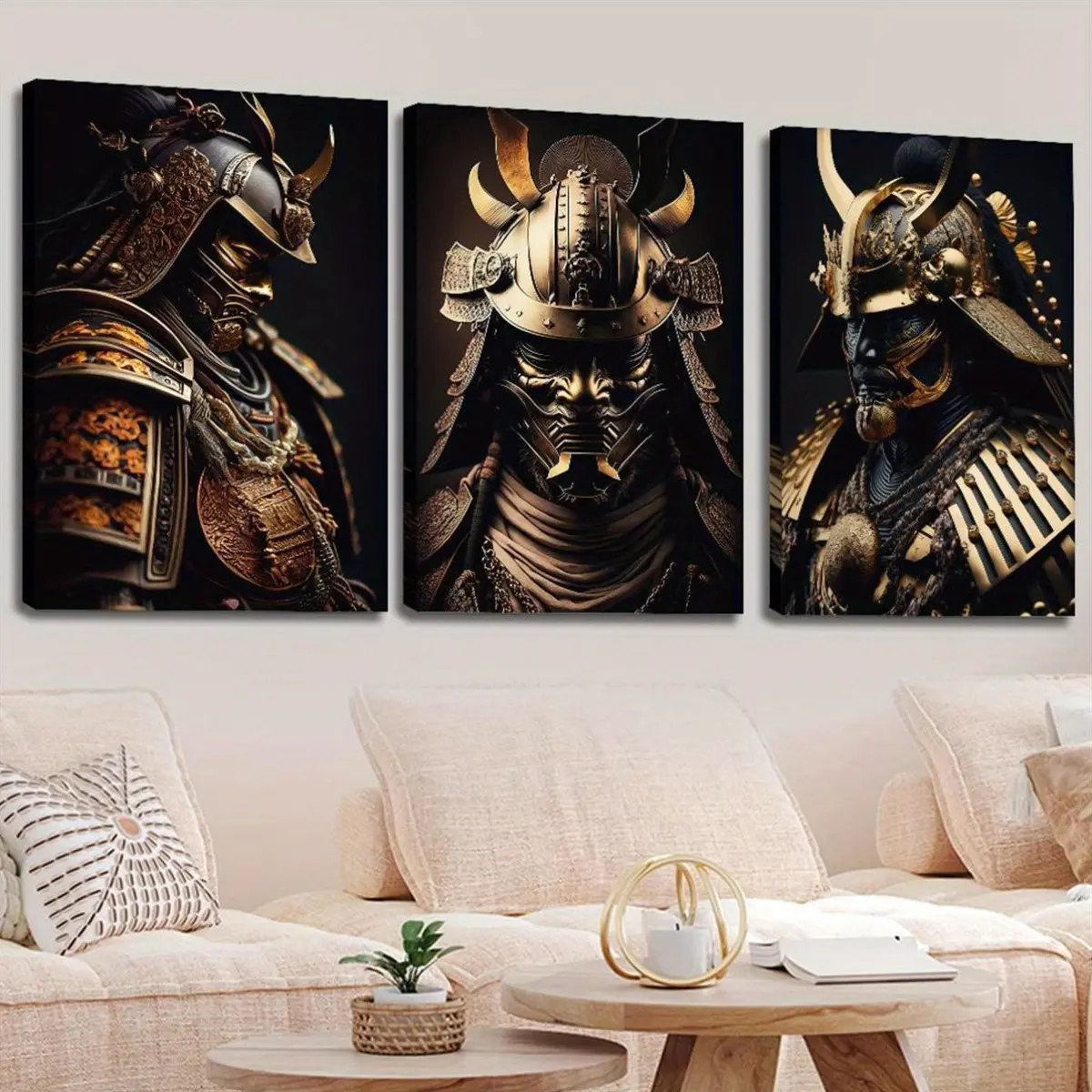A 3-Piece Set Of Japanese Samurai Modern Style Hanging Paintings With Frames, Suitable For Modern Art Decoration, Office Decoration, Home Decoration, Creative Space Wall Art, Perfect Gift, 2D Graphic Design, And Room Decoration