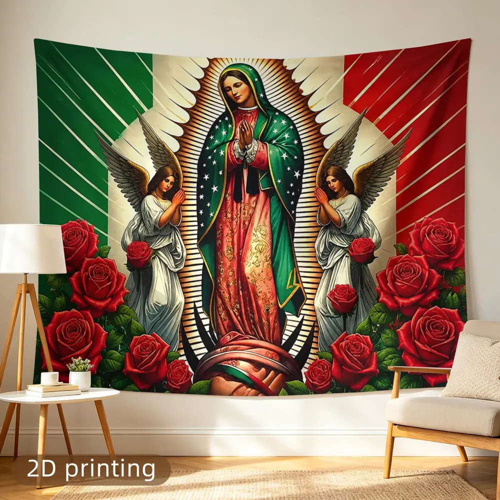 2D Flat Banner polyester photography backdrop, HD printed Our Lady of Guadalupe with red roses and Mexican flag pattern fabric background cloth, soft lightweight foldable machine washable, suitable for indoor portrait shooting, st