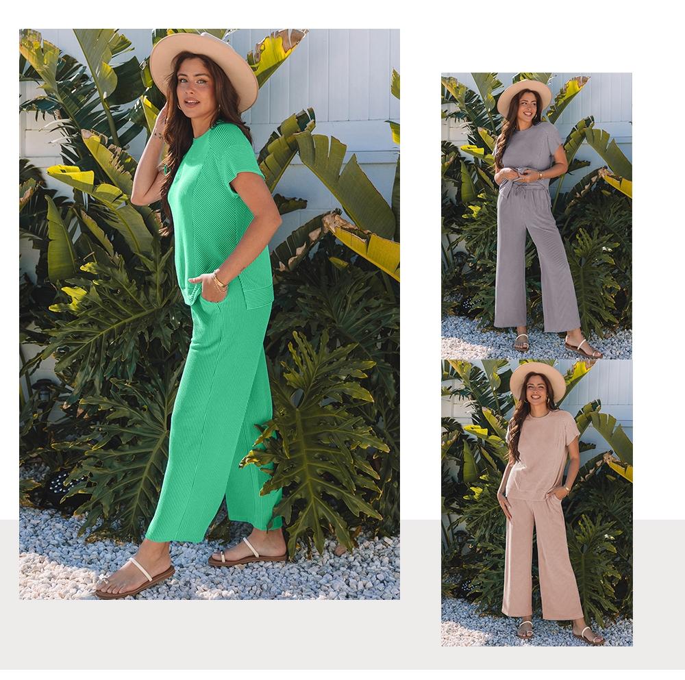 Women's Twisted Ribbed Knit Solid Color Set - Round-neck Short Sleeve T-Shirt & Wide Leg Pants with Side Pockets, Casual Comfy for Summer Daily Wear, Co Ord Sets