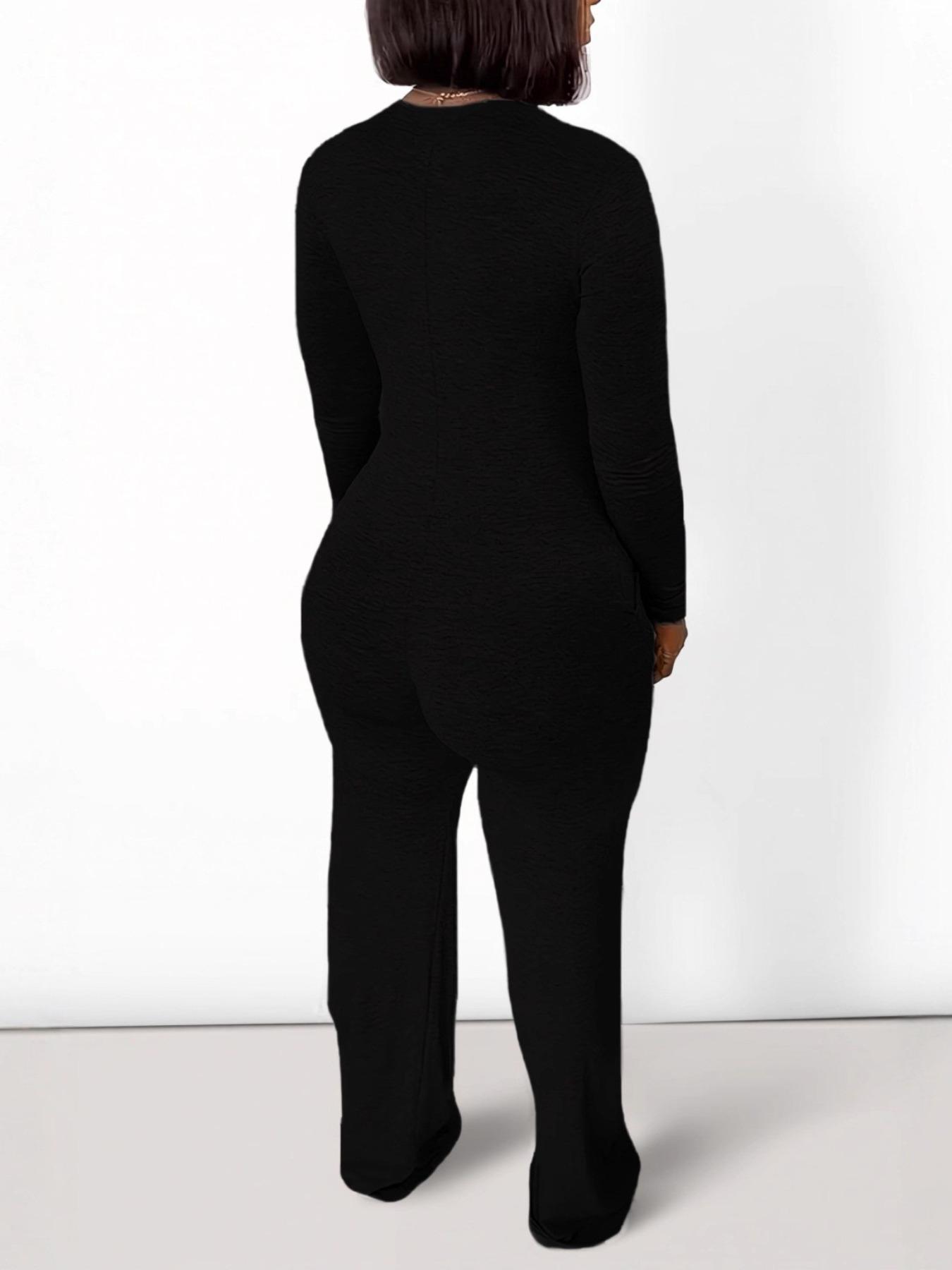 Women's Sexy Fitted Long Sleeve Jumpsuit, Plain Pattern, Minimalist, All Seasons Fashion, Low Neck Pocket Design, European & American Style