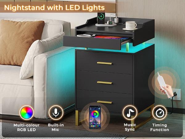 Sikaic LED Nightstand With Charging Station And 3 Drawers And 1 Pull-Out Tray Led Nightstand Furniture Home Table Bedroom