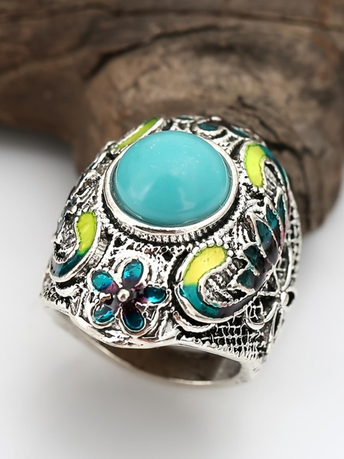Women's Vintage Elegant Floral Texture Turquoise Ring, Wedding Engagement Party Jewelry Gift, 1pcs Fashion Accessory