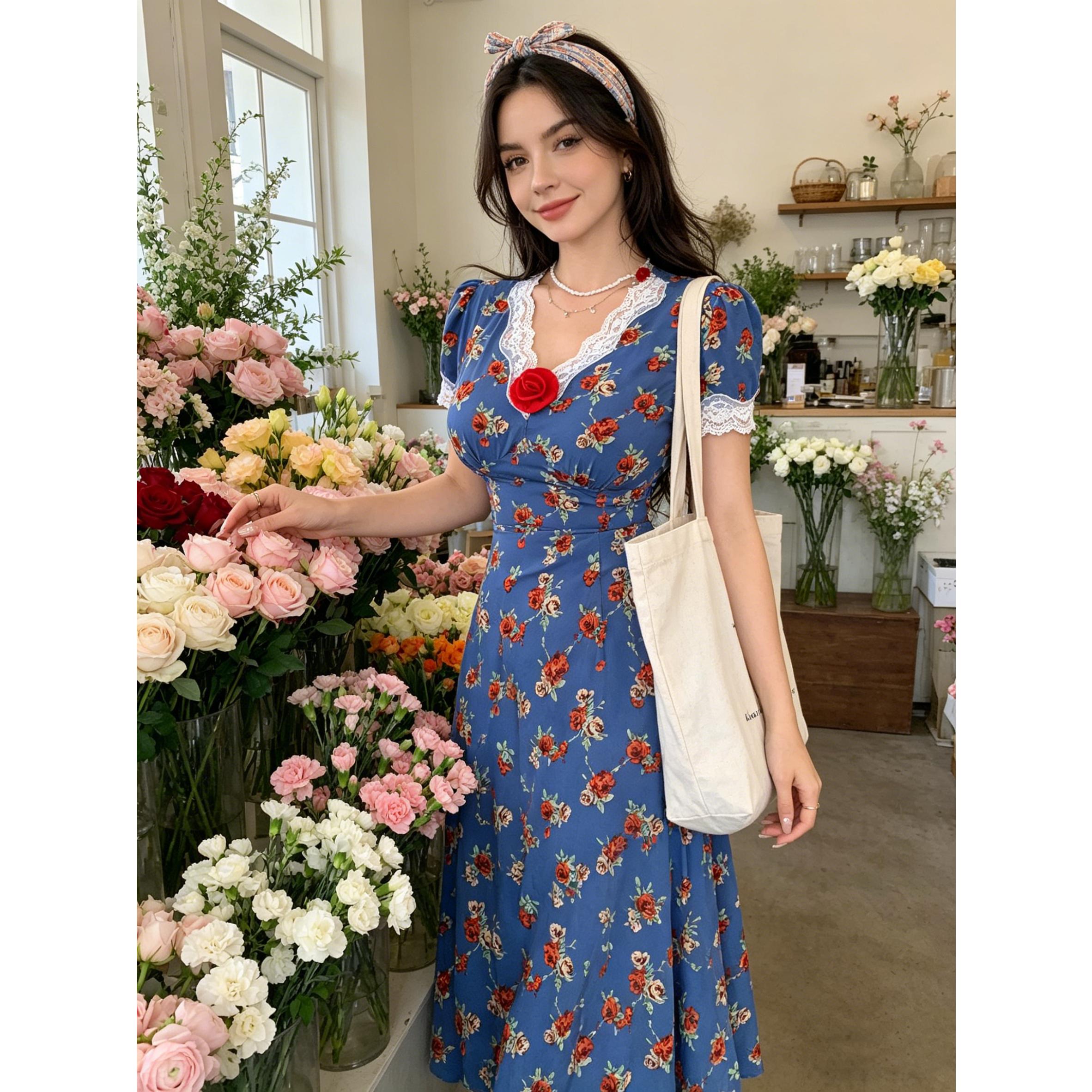 Vintage French Blue Floral Midi Dress Romantic Lace V-Neck Gown | S-XXL Inclusive Sizing | Perfect for Picnic, Date Night, Sunday Brunch & Tea Parties