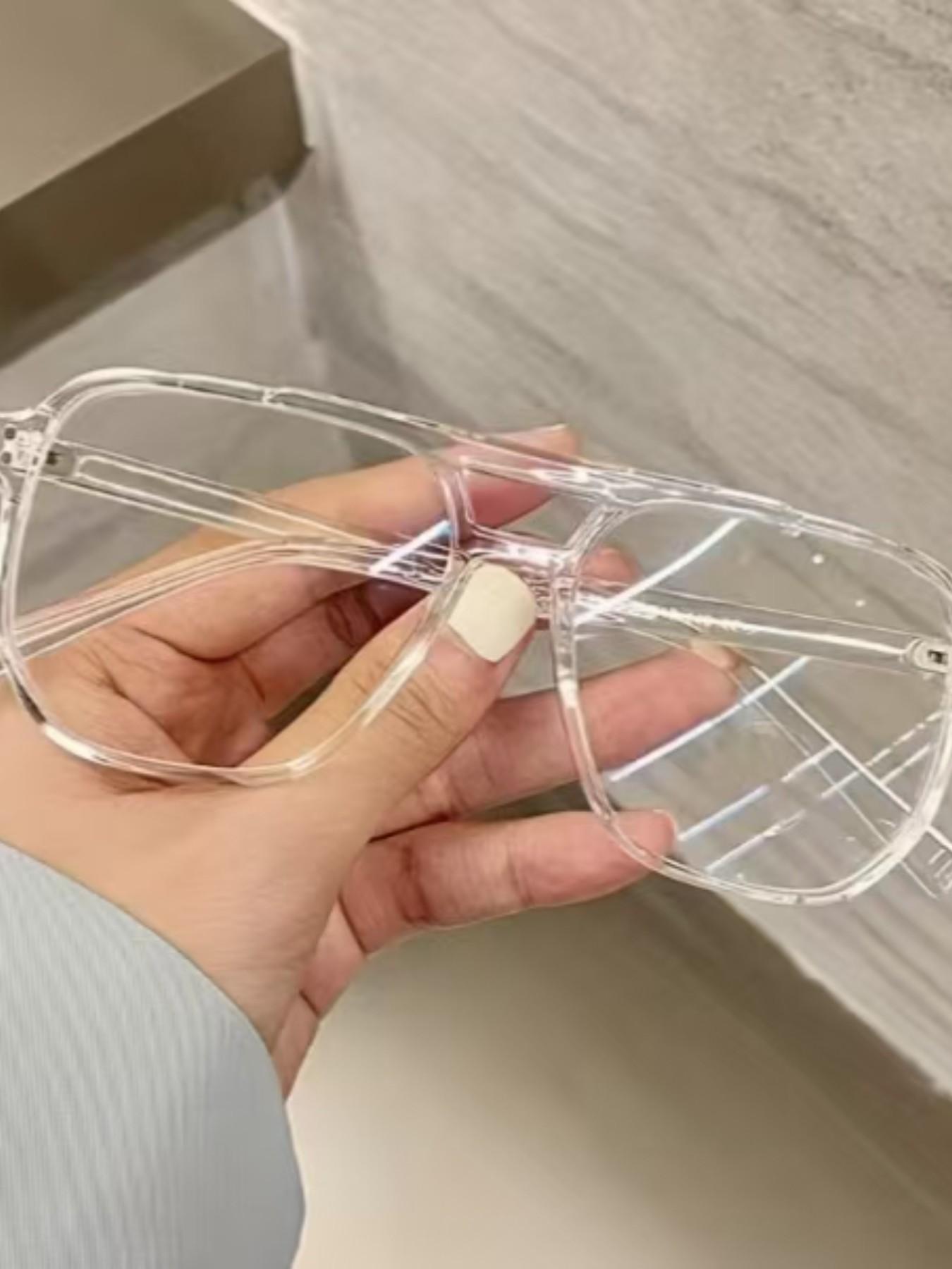 Double Bridge Large Frame Glasses, Full Rim Fashionable Academic Style, Trendy Plain Lenses, Party Hip Hop Punk Eyewear