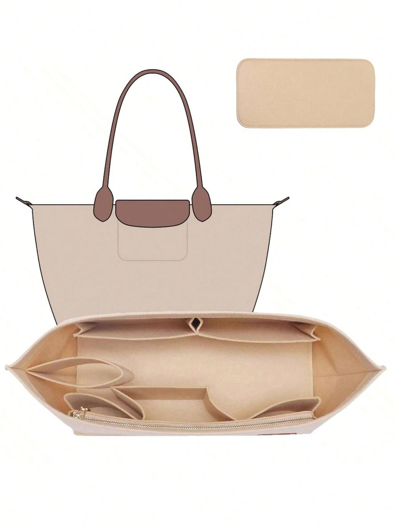 Felt Tote Bag Organizer Insert with Bottom Pad, Fit Longchamp MM 30 33 PM, Beige, Back to School Essential