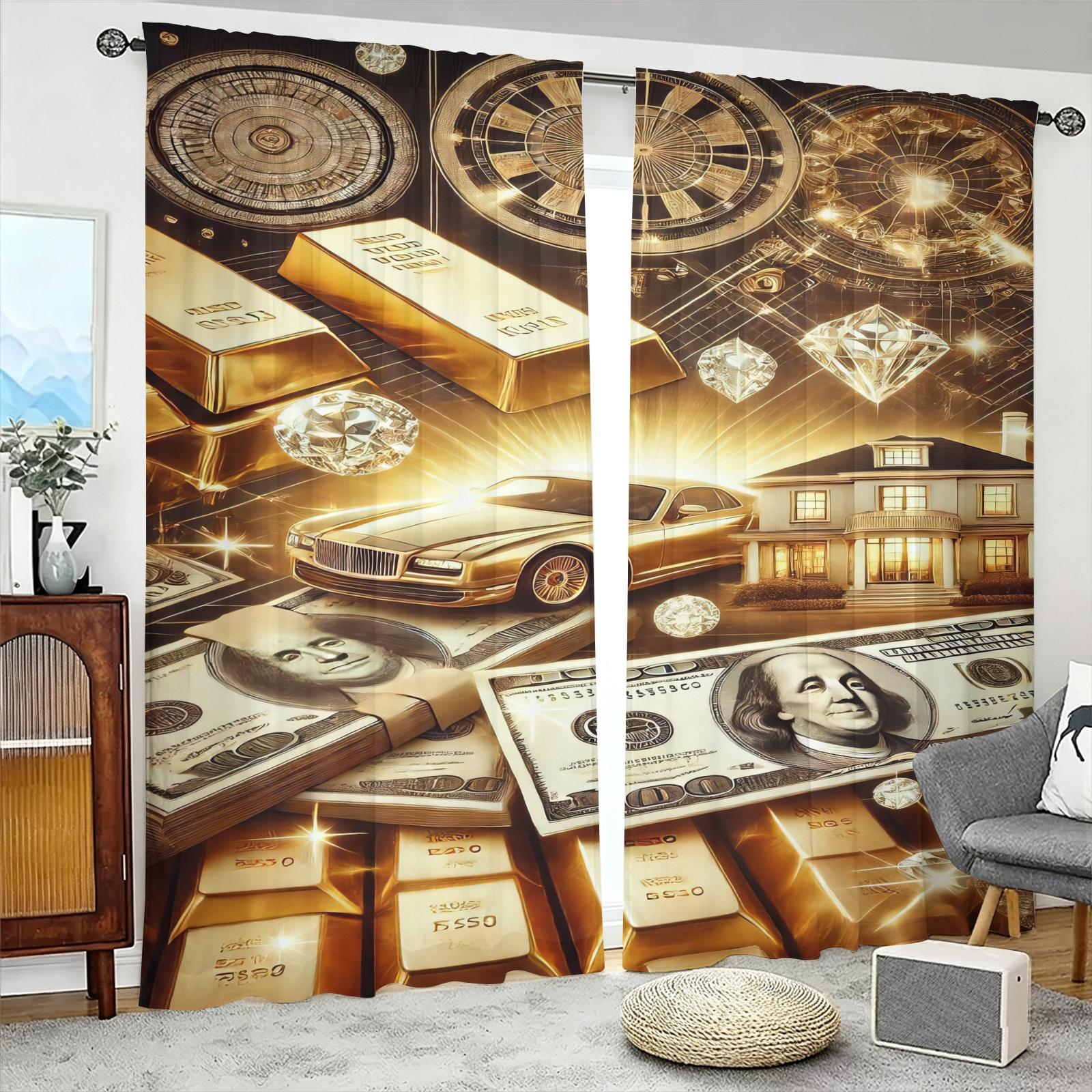 2 Pack Brushed Fabric Curtains, Wealth Theme Digital Print Window Drapes, Semi-Transparent & Fade Resistant, Through Rod Hanging Design, for Bedroom Living Room, Rich Dream Golden Home Curtains, Home Decoration Curtain
