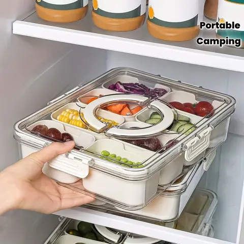 Transparent Divided Snack Box with Lid & Handle, Plastic Kitchen Sealed Storage Container, Kitchen Storage Containers, Food Organizer for Lunch, Salad, Snacks, Travel Camping, Portable Snack Container