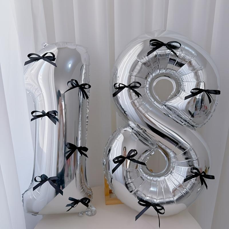 15pcs black bow style silver aluminum foil balloon set, including 2 balloons, 12 black bows and glue, suitable for birthday parties, Birthday decorations, graduation ceremony decoration and photo props