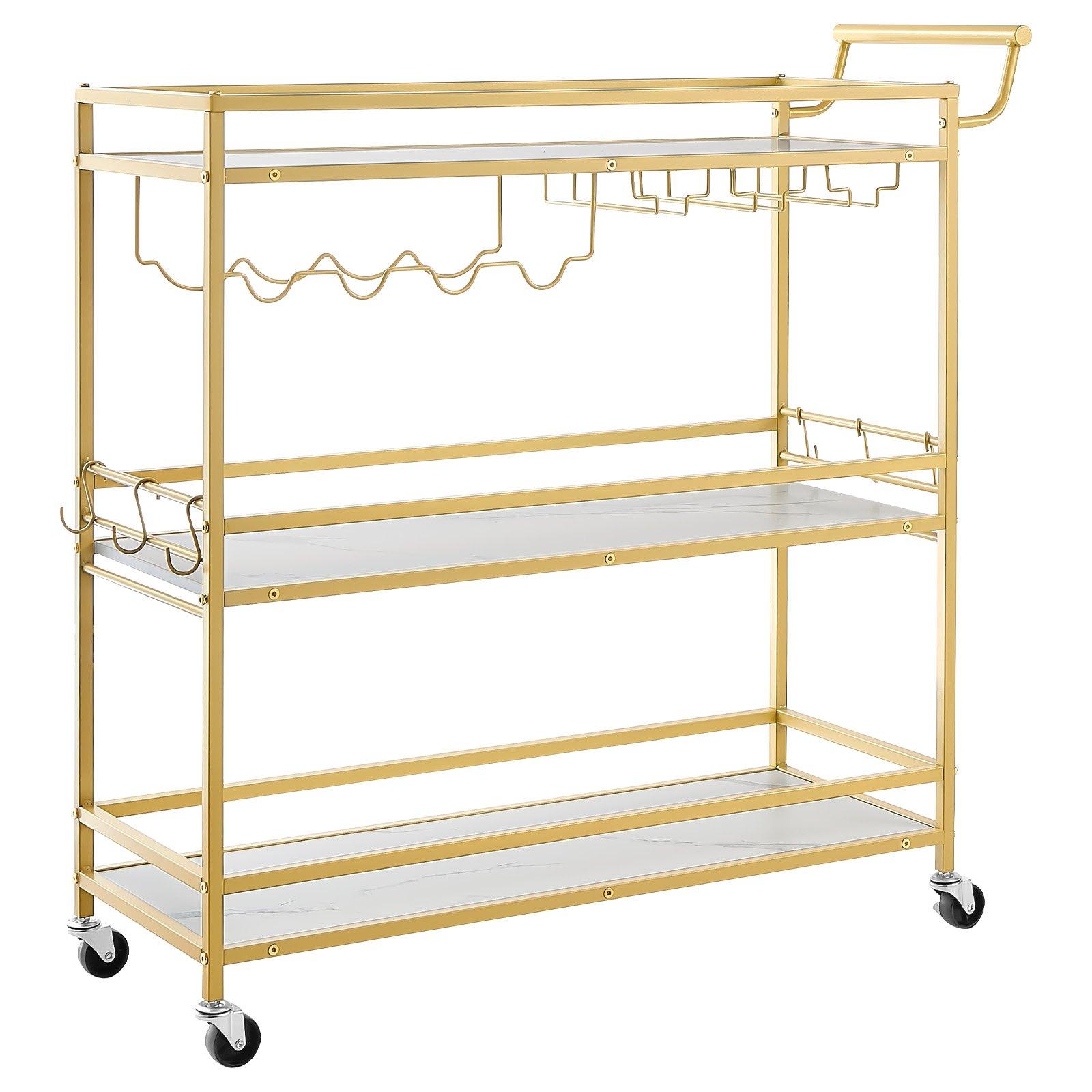 VEVOR Bar Cart Organiser, 3-Tier Modern Rolling Utility Station with Locking Wheels, Engineered Wood Shelf, Wine Rack, Glass Holder, for Bar Service & Outdoor Events, 35.83x12.99x36.81in Gold