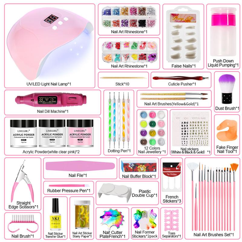 LIMEGIRL Acrylic Nail Set for Beginners Everything Nail Set U V Lights and Grinders Professional Acrylic Powder Glitter Decoration Nail Art Starter Set Gifts for Ladies xxx l acrylicnails nail  kit  for  beginners