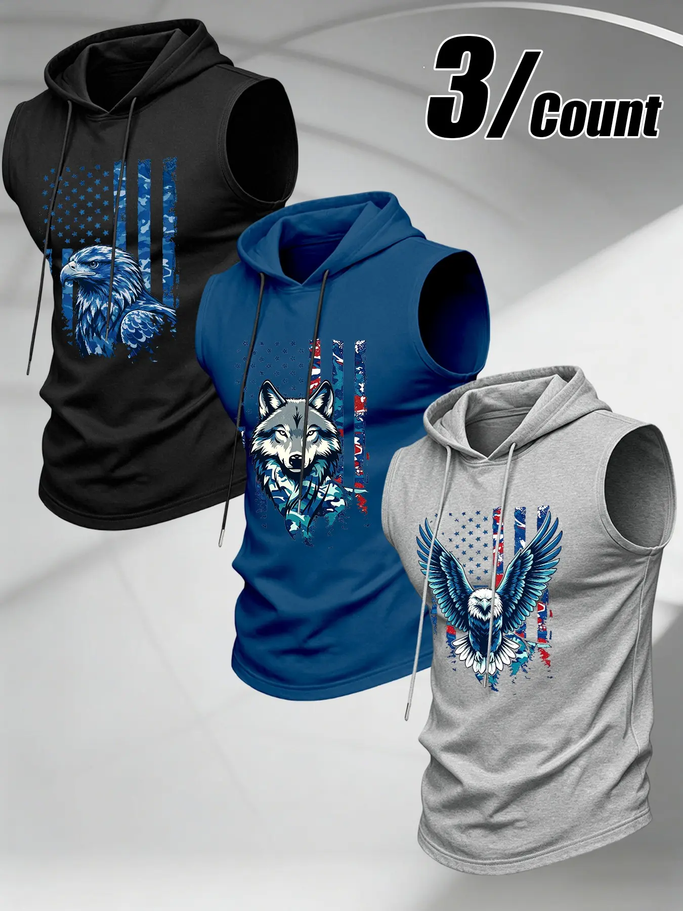 Men's 3-Pack Sleeveless Hooded Tank Tops, Eagle, Wolf & American Vintage Flag Print, Graphic Sports Vest, Drawstring Casual Fitness Streetwear, Breathable Training Apparel