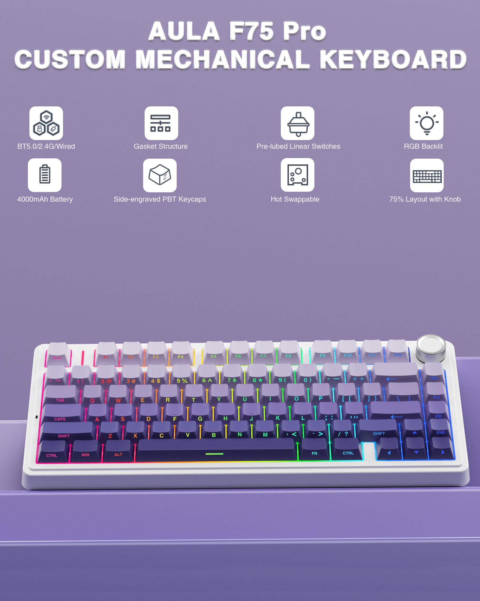 AULA F75 Pro Tri-Mode Wireless Mechanical Gaming Keyboard, Knob Control 75% Washer Hot Swappable Custom Keyboard, RGB Backlight, Pre-lubricated Linear Switches, Side Printed PBT Keycaps, Budget Keyboard PC Accessories TikTokShopfalldealsforyou Outdoorfun