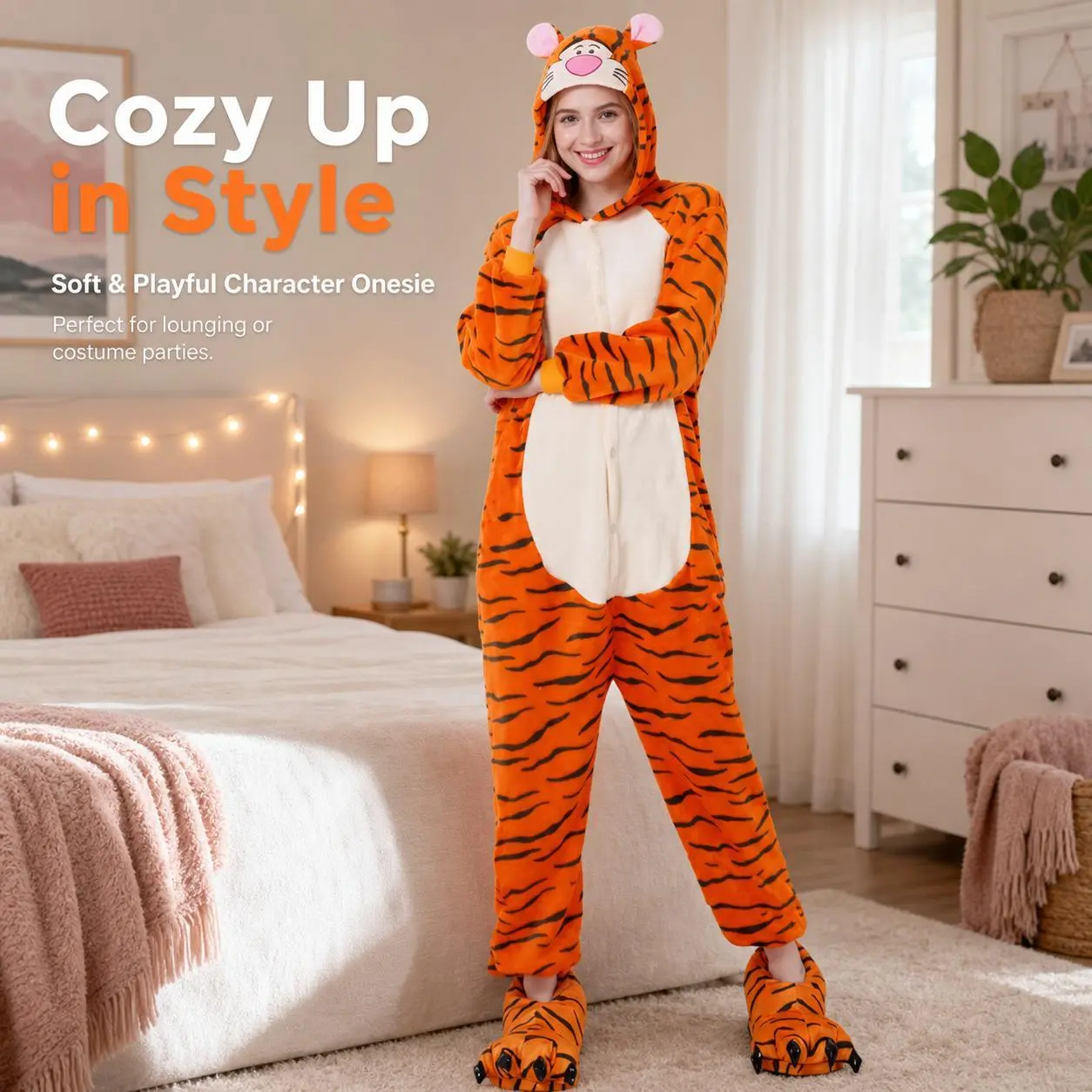 Women's Orange Tiger-Striped Animal Hooded Jumpsuit, Thick Soft Fluffy Fleece Casual 1-Piece Zipper Sleepwear, Cute Cartoon Costume for Halloween Lounging, Flannel, Fabric