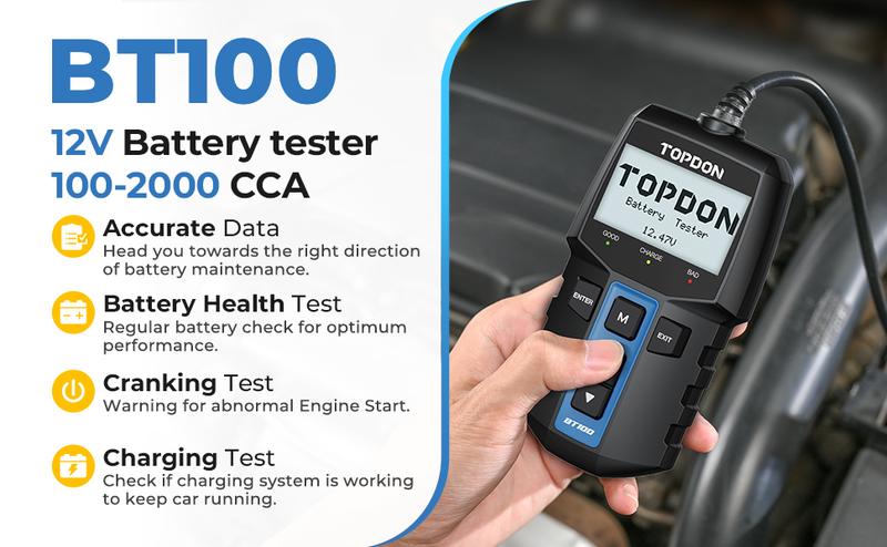 TOPDON BT100 Car Battery Tester 12V Load Tester, 100-2000 CCA Automotive Alternator Tester Digital Auto Battery Analyzer Charging Cranking System Tester for Car Truck Motorcycle ATV SUV Boat Yacht Charger