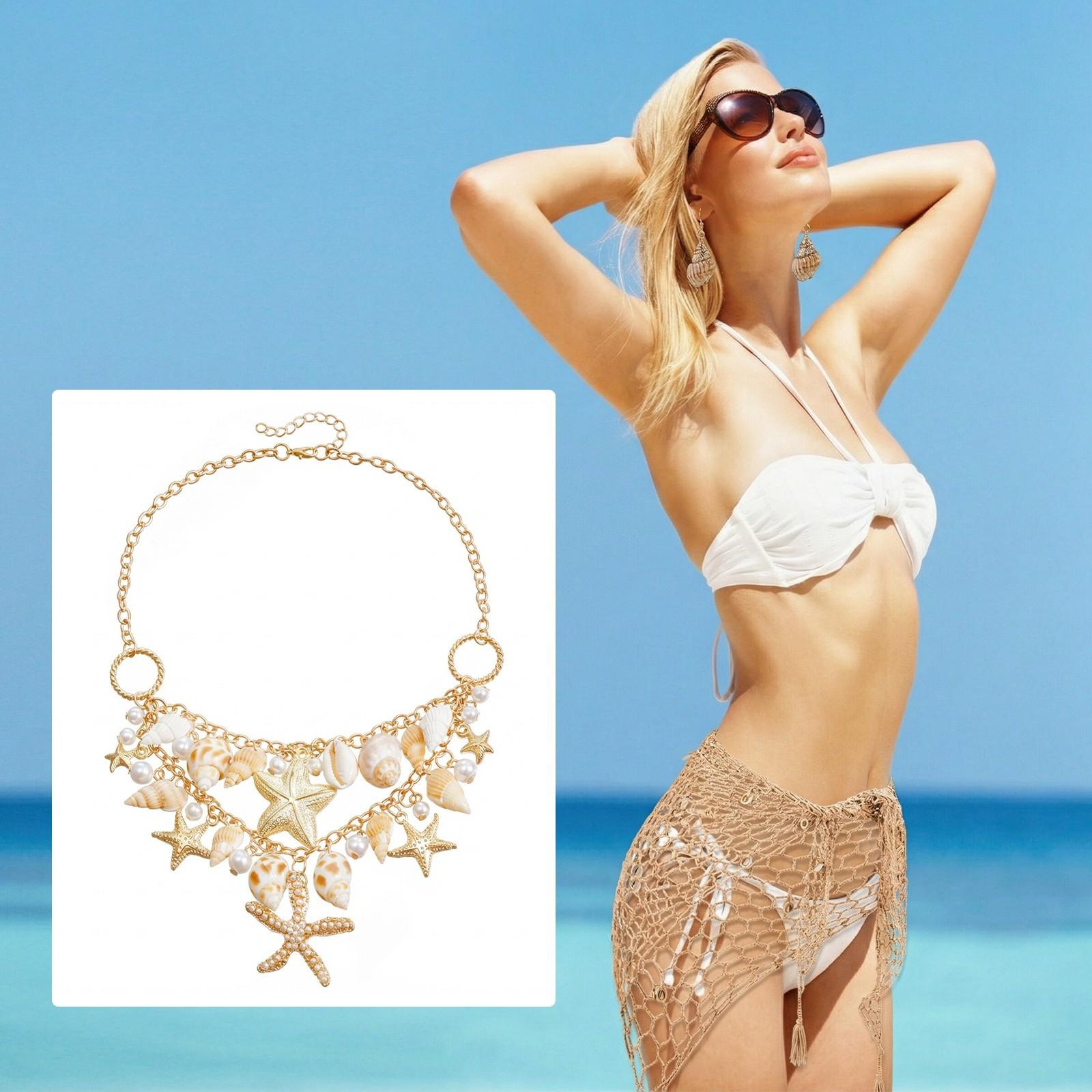 Summer Beach Women's Jewelry Set, Shell Starfish Necklace, Anklet, Bracelet, Earrings, Crochet Scarf Waist Chain, Vacation Beach Summer Beach Women's Jewelry Set, Shell Starfish Necklace, Anklet, Bracelet, Earrings, Crochet Scarf Waist Chain, Vacation Beach