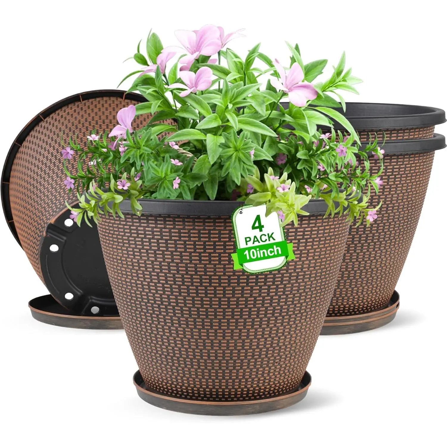 4 Pack 10 inch Plant Pot for Outdoor Indoor, Plastic Flower Pots with Trays | Lightweight Large Outdoor Planter Pots with Drainage Holes, Imitation Knit Pots for Garden House Planters (Black Copper)