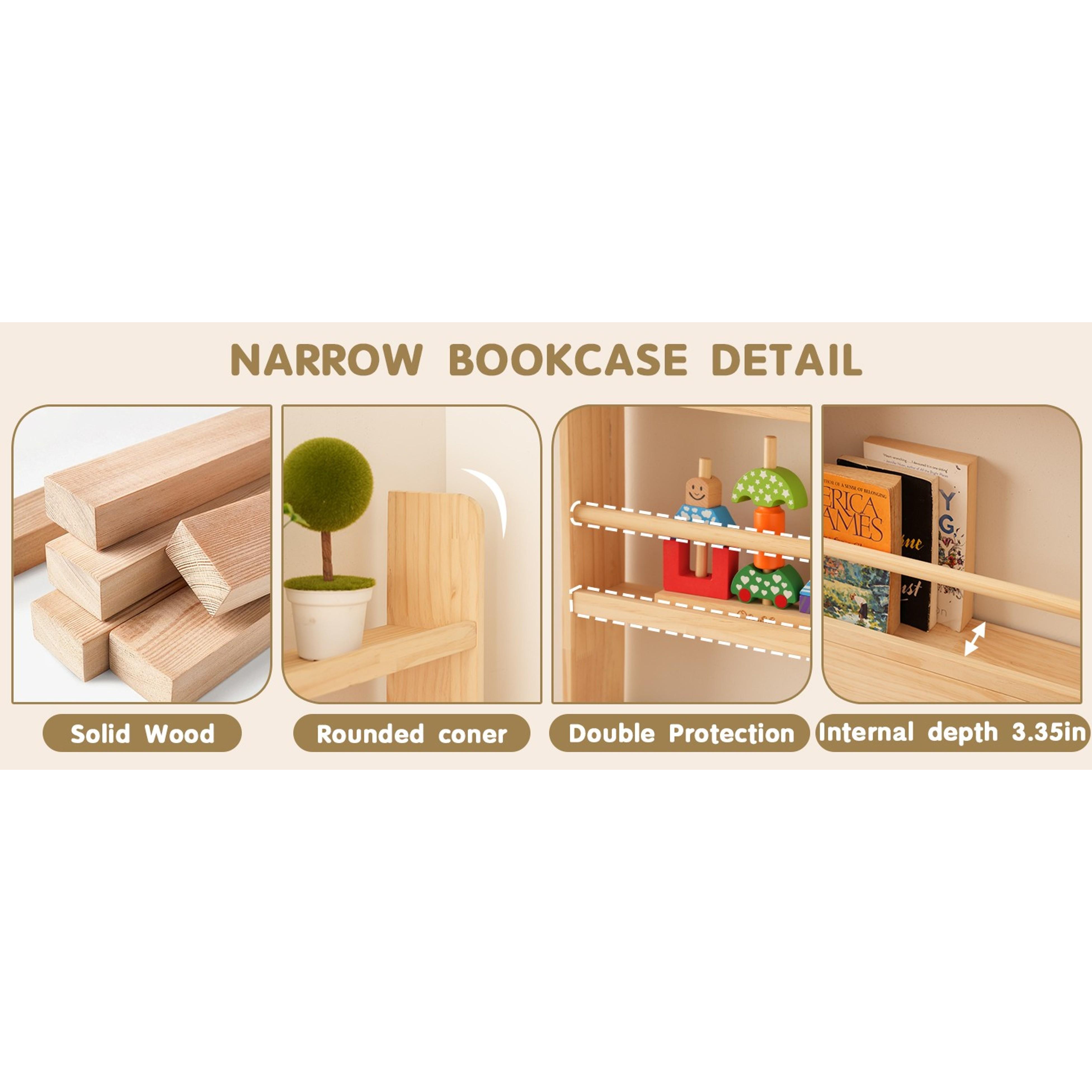 5 Tier Behind The Door Bookshelf & Freestand Open Book Shelf, Wall Mount Shelves for Bedroom, Space- Saving Bookcase, Solid Wood Bookshelf for Living Room, Natural（FSC-Certified Wood）