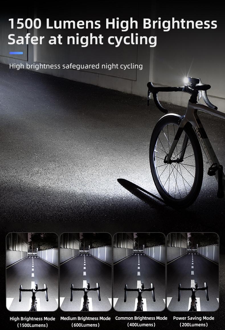 ROCKBROS 1500 Lumens Bike Light for Night Riding, 5000mAh USB-C Rechargeable Bike Headlight, Aluminium Alloy IPX6 Waterproof Bike Front Light, 5 Modes & Auto Mode Anti-Dazzling LED Bike Light