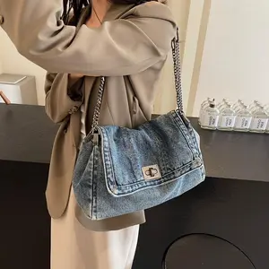2026 New Streetwear Denim Chain Crossbody Bag - Aesthetic Distressed Jean Shoulder Purse - Effortless Casual Daily Commuter Bag
