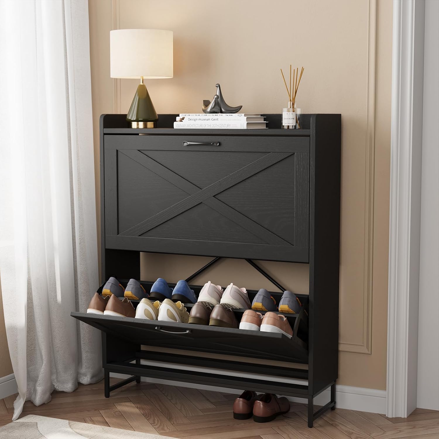 VOWNER Farmhouse Shoe Storage Cabinet with 2 Flip Drawers, Freestanding Organizer with Metal Legs for Entryway, Narrow Shoe Rack Cabinet