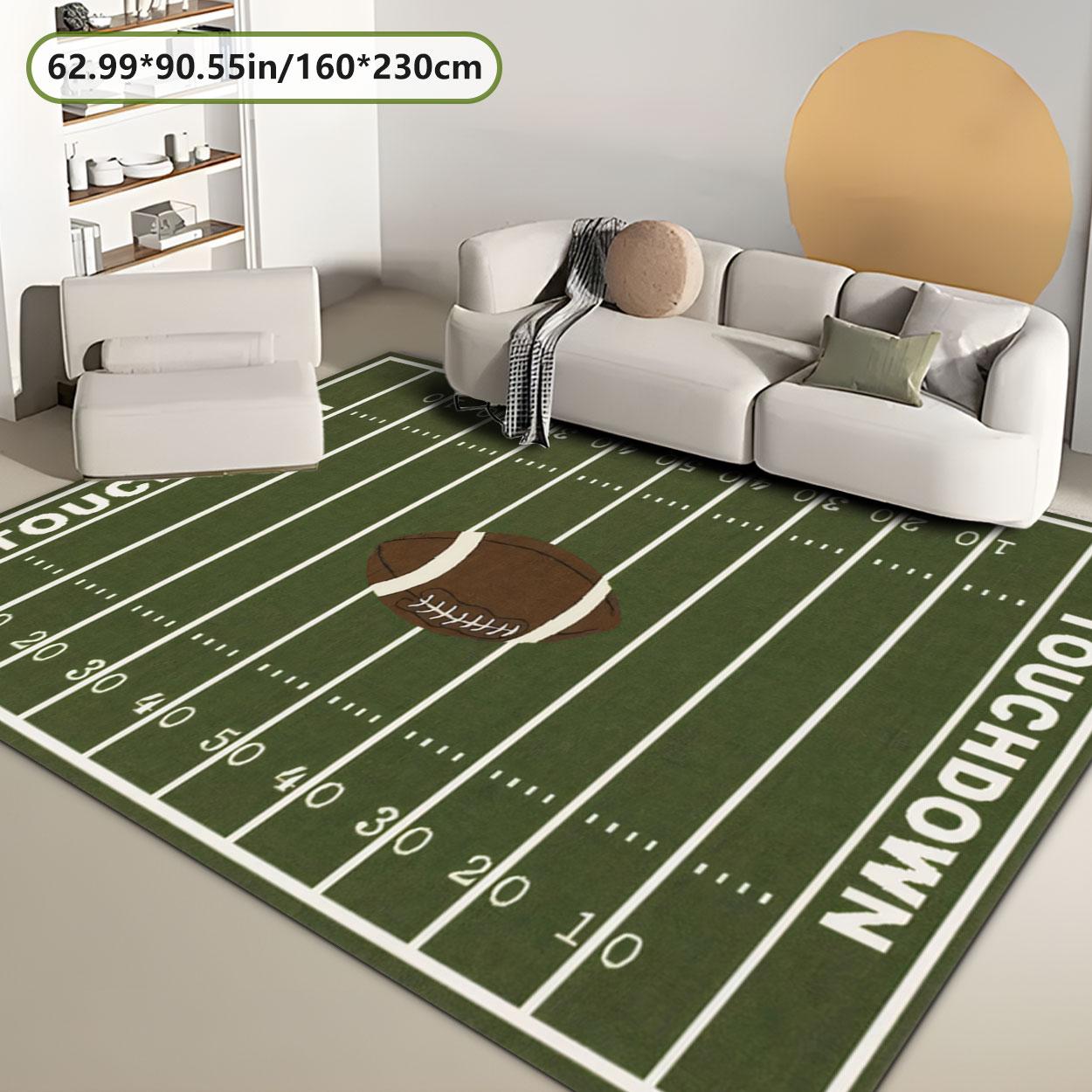 Green Football Field Pattern Carpet, Non-slip Sports Themed Floor Mat, Decorative Area Rug for Home Living Room Bedroom, Home Decor